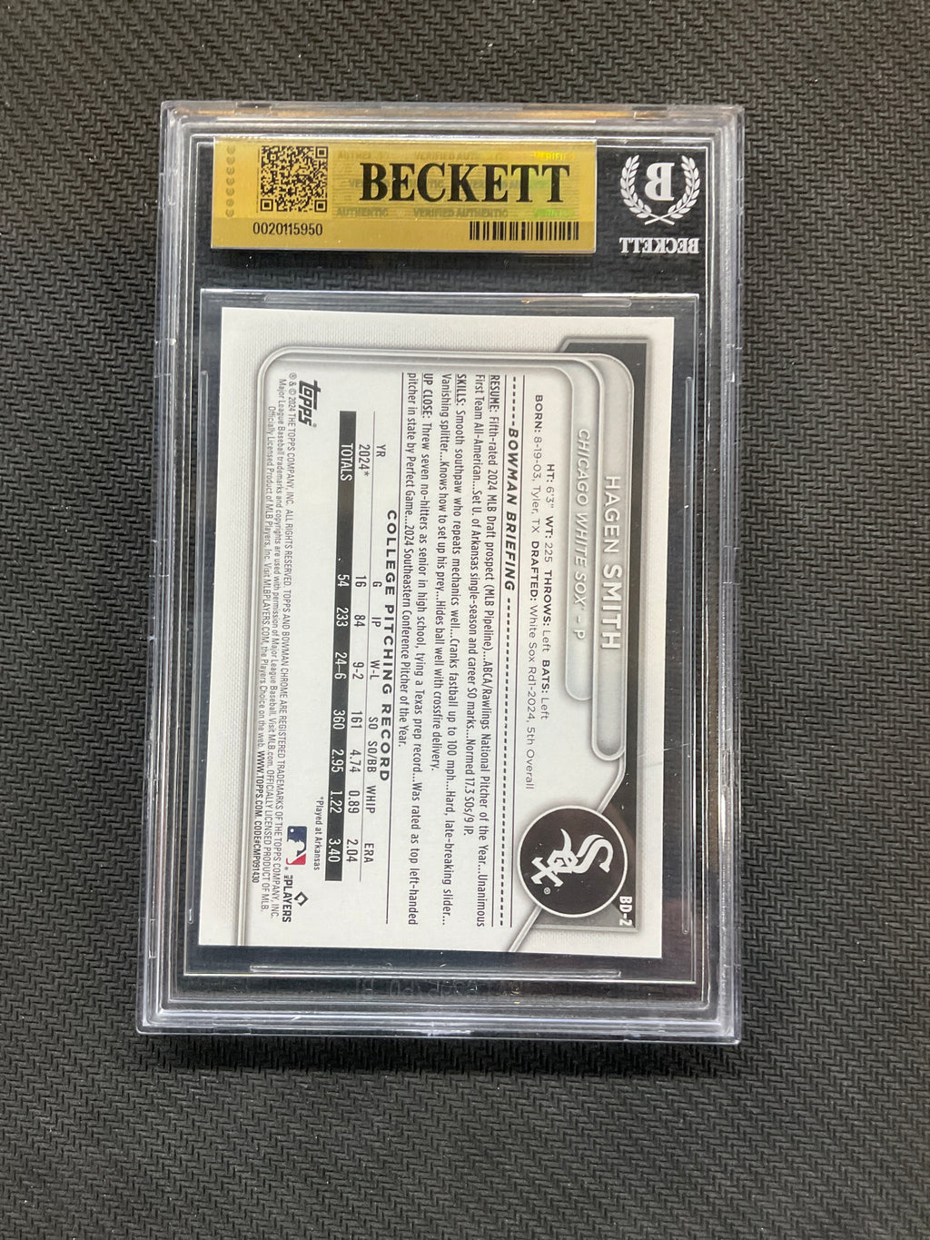 2024 Bowman Draft Hagen Smith 1st BGS 10 White Sox
