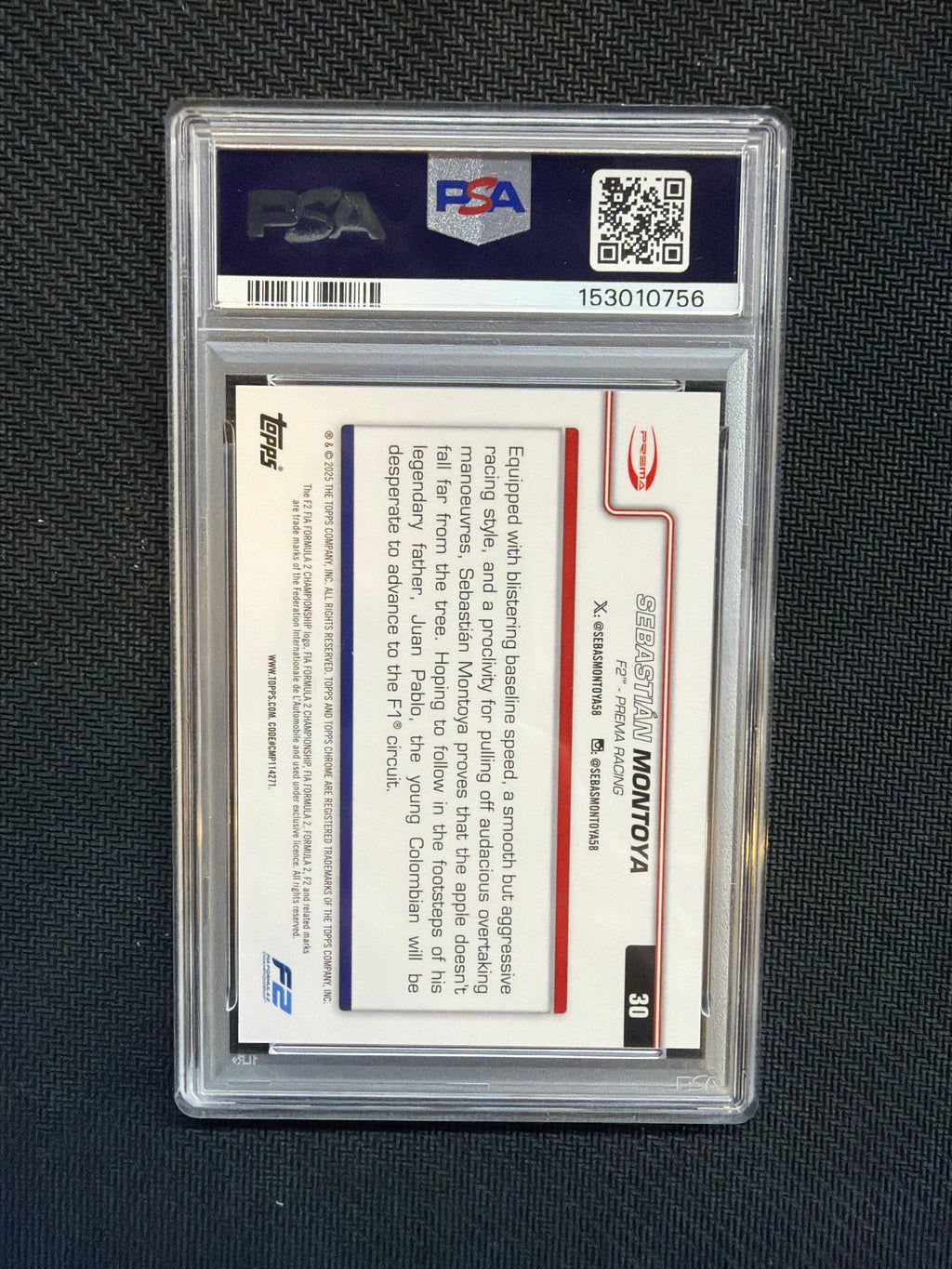 2025 Topps Chrome F1 Sapphire Sebastian Montoya Black & White /20 PSA 9