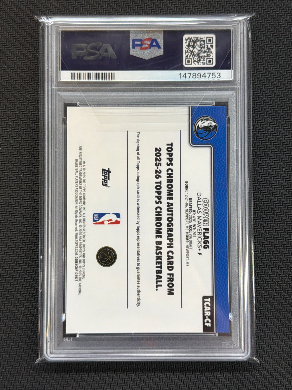 2025-26 Topps Chrome Cooper Flagg Rookie Auto PSA 9 Auto 10