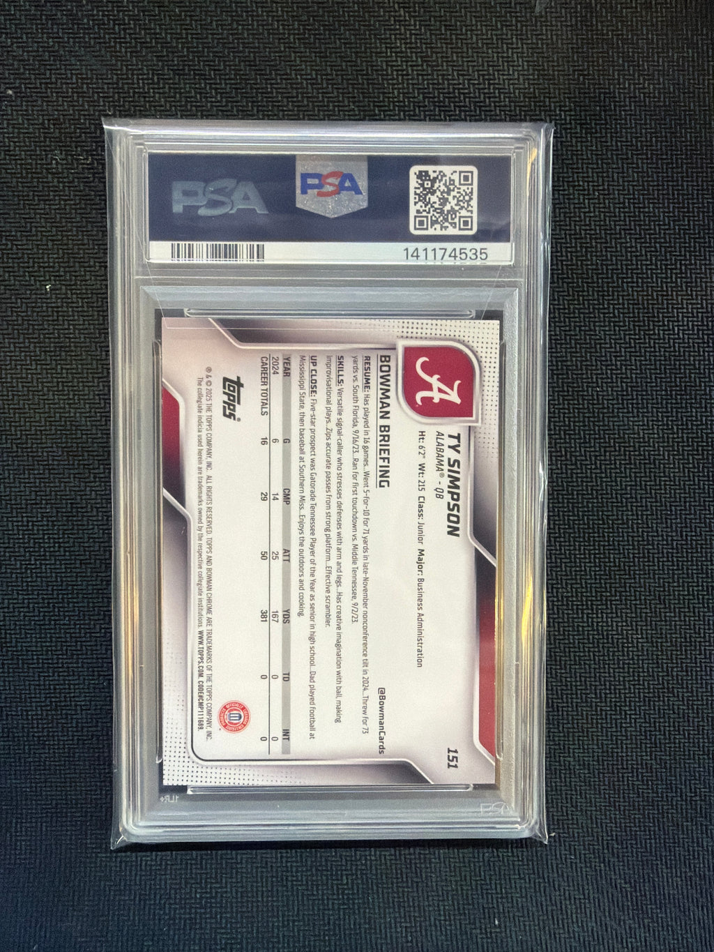 2025 Bowman U Chrome Ty Simpson Fuchsia /225 PSA 9 Alabama