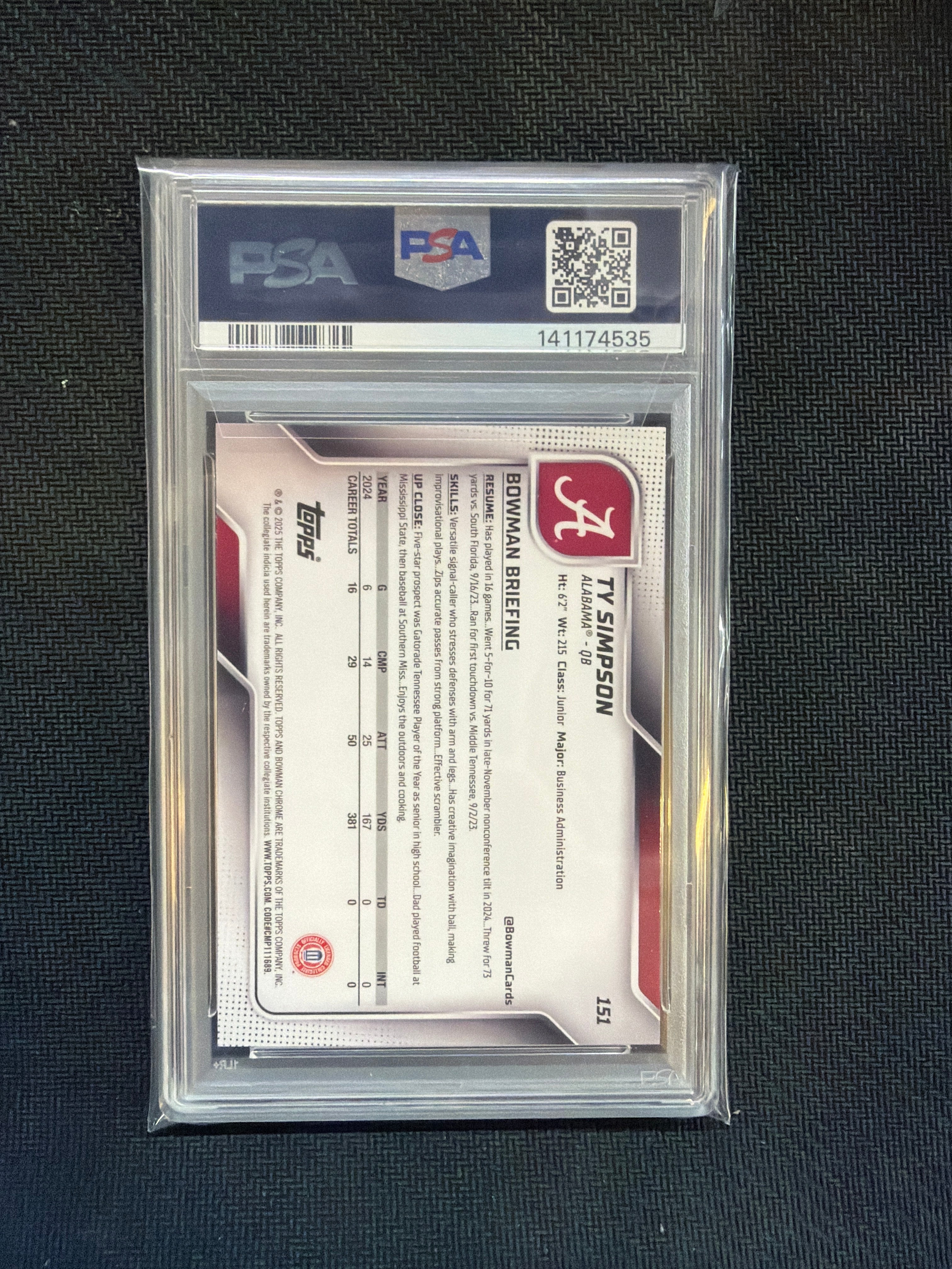2025 Bowman U Chrome Ty Simpson Fuchsia /225 PSA 9 Alabama