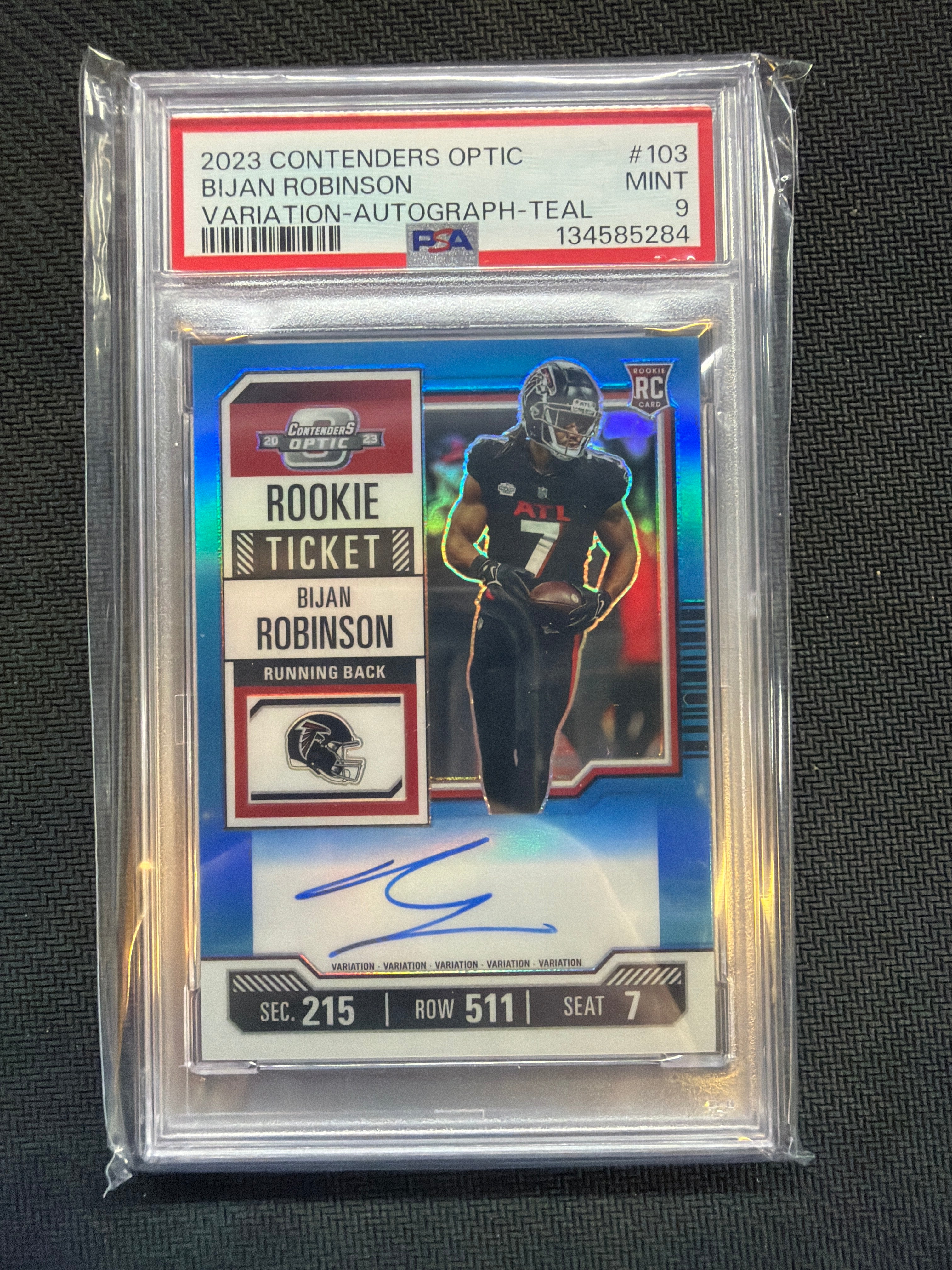 2023 Contenders Optic Bijan Robinson Rookie Auto Teal /75 PSA 9 Falcons