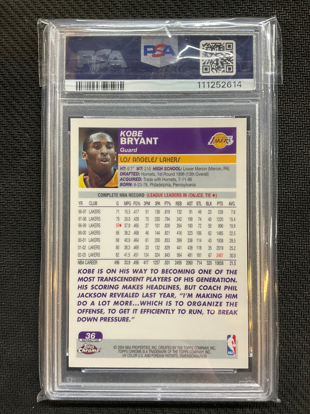 2003 Topps Chrome Kobe Bryant Refractor PSA 9 Lakers