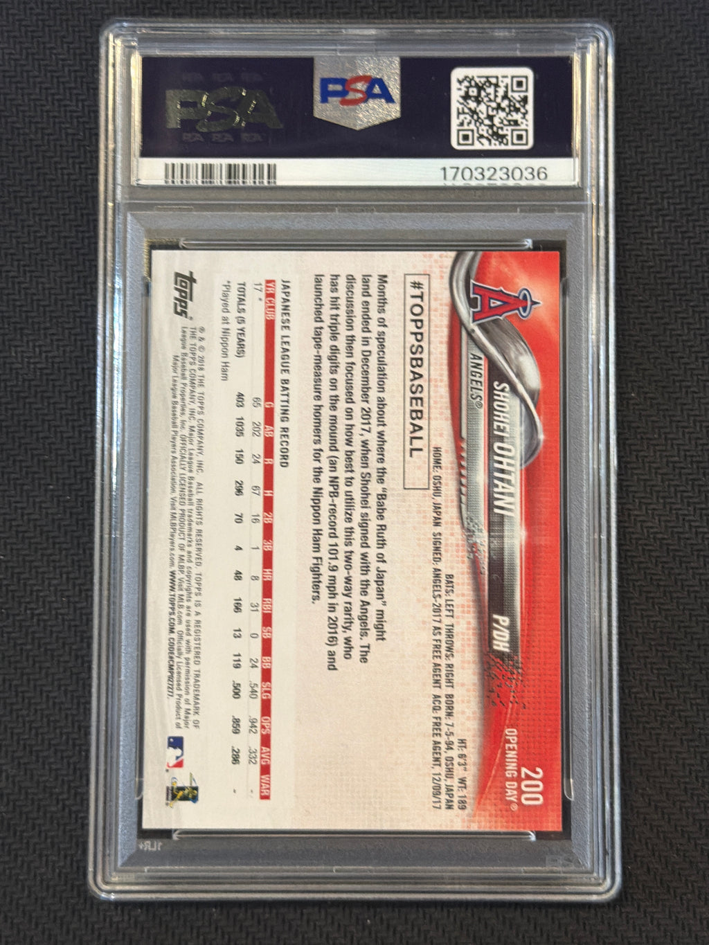 2018 Topps Opening Day Shohei Ohtani Rookie #200 PSA 10 036
