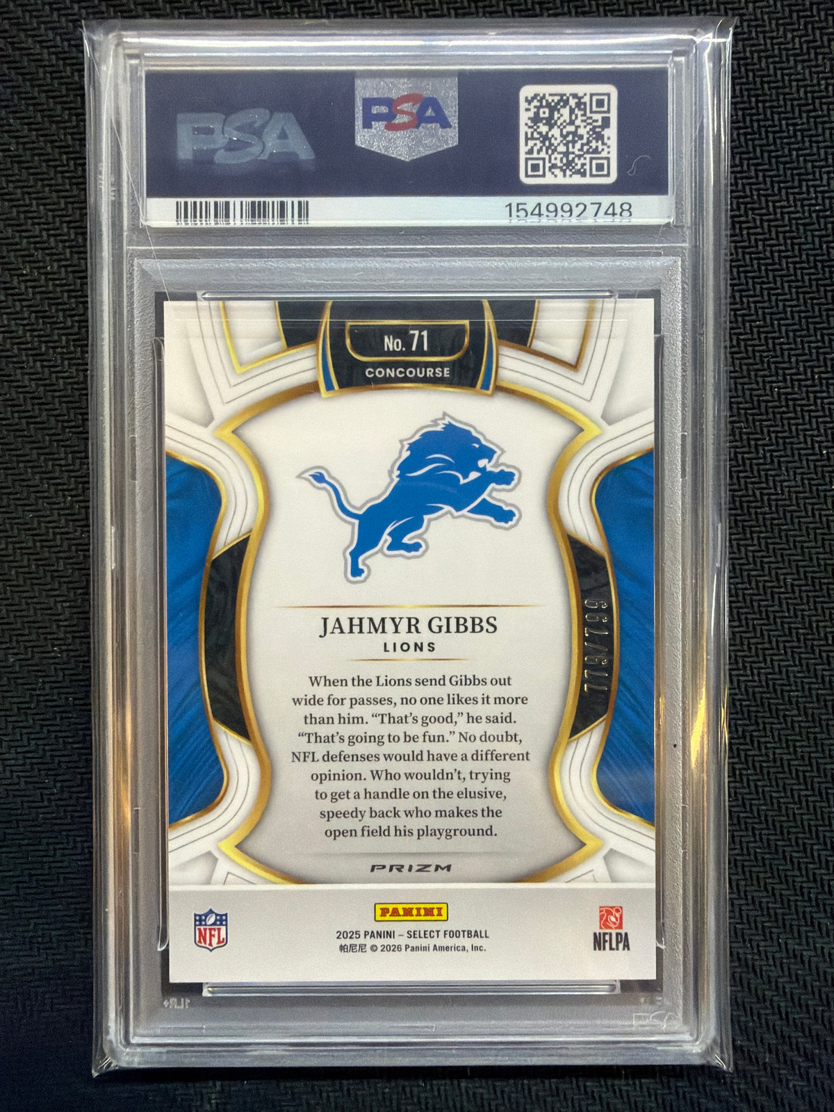 2025 Select Jahmyr Gibbs White Shock /799 #71 PSA 9 Lions