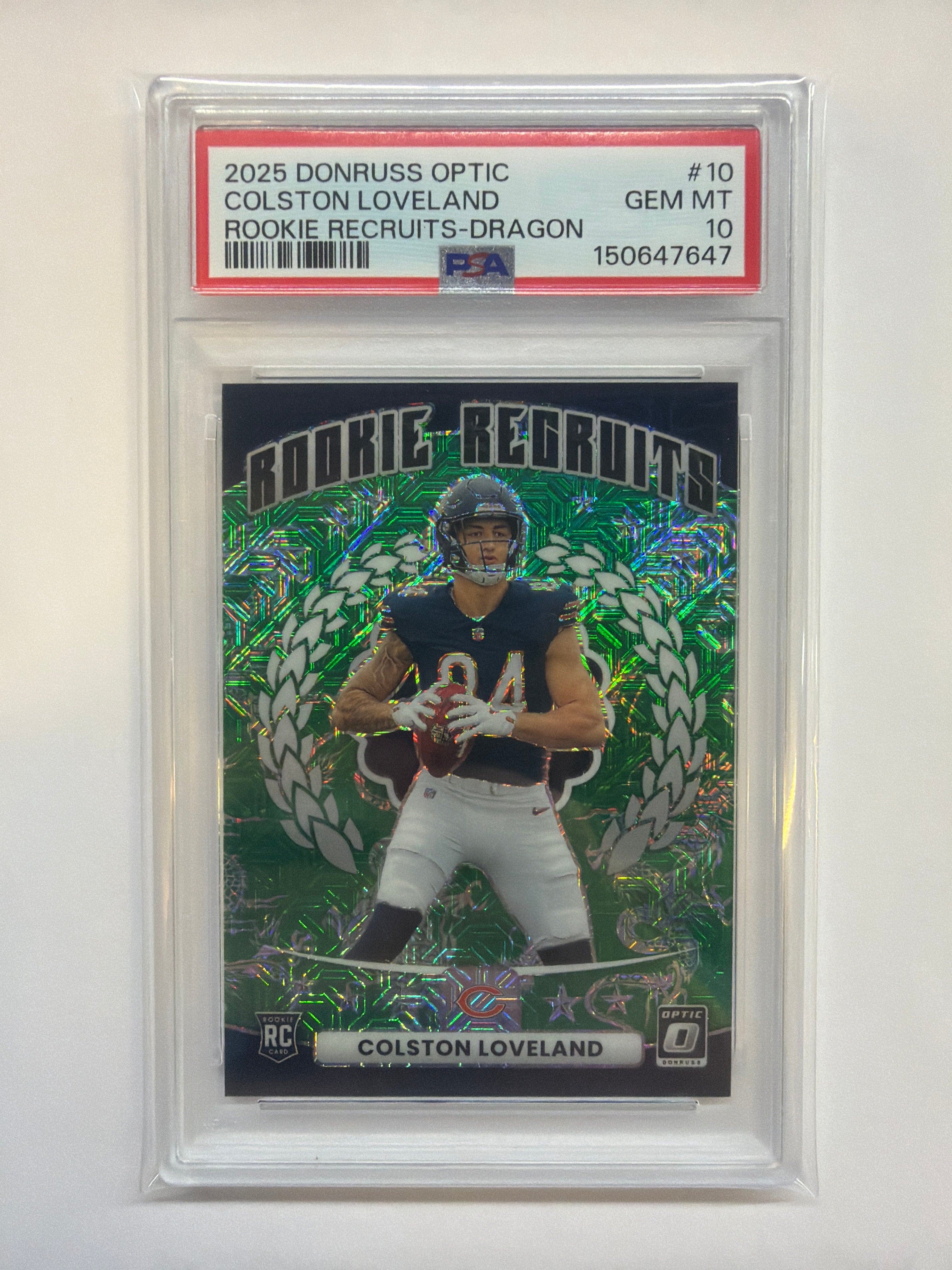 2025 Donruss Optic Colston Loveland Rookie Recruits Dragon /24 PSA 10