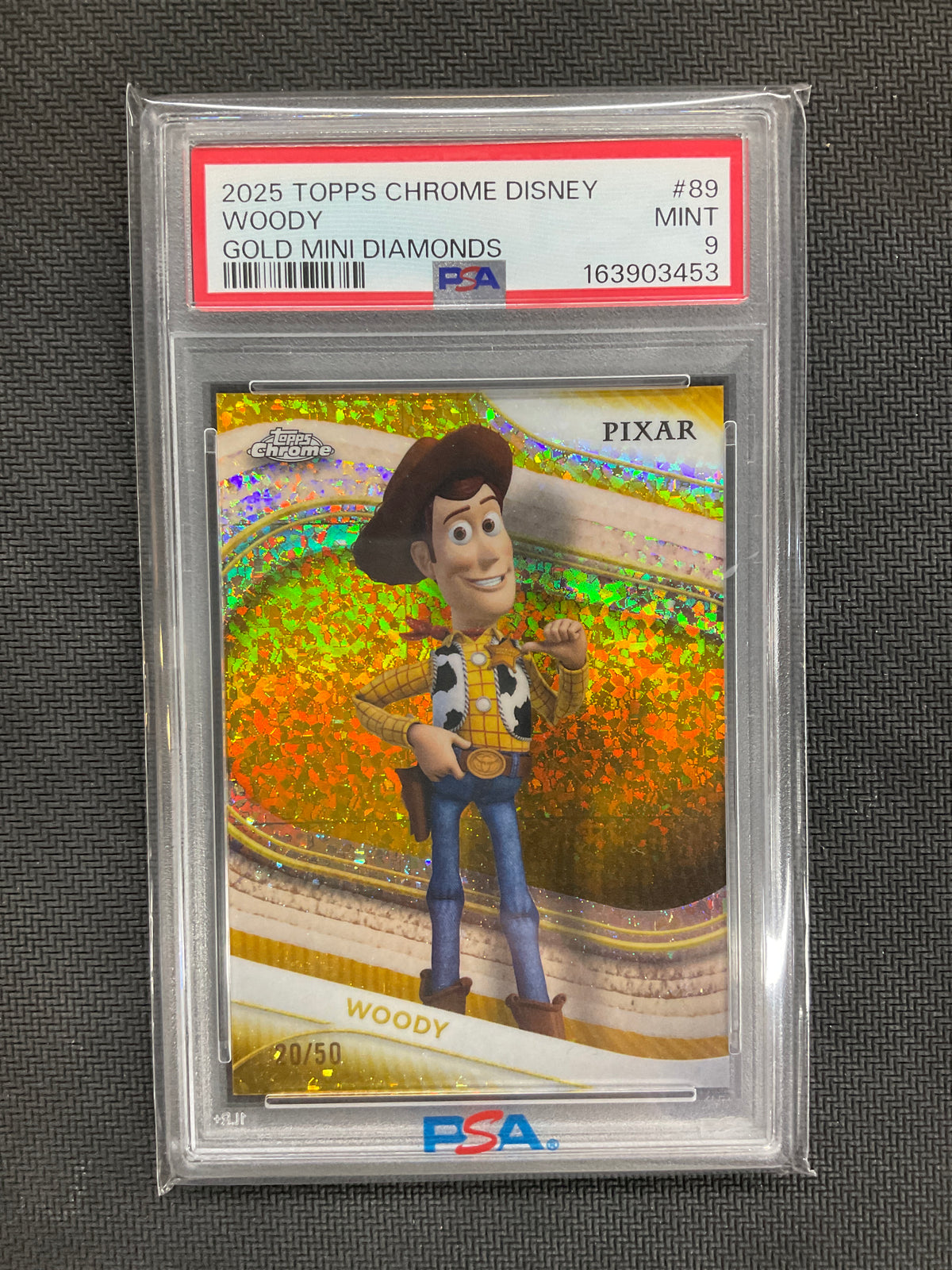 2025 Topps Chrome Disney Woody Gold Mini Diamonds /50 #89 PSA 9