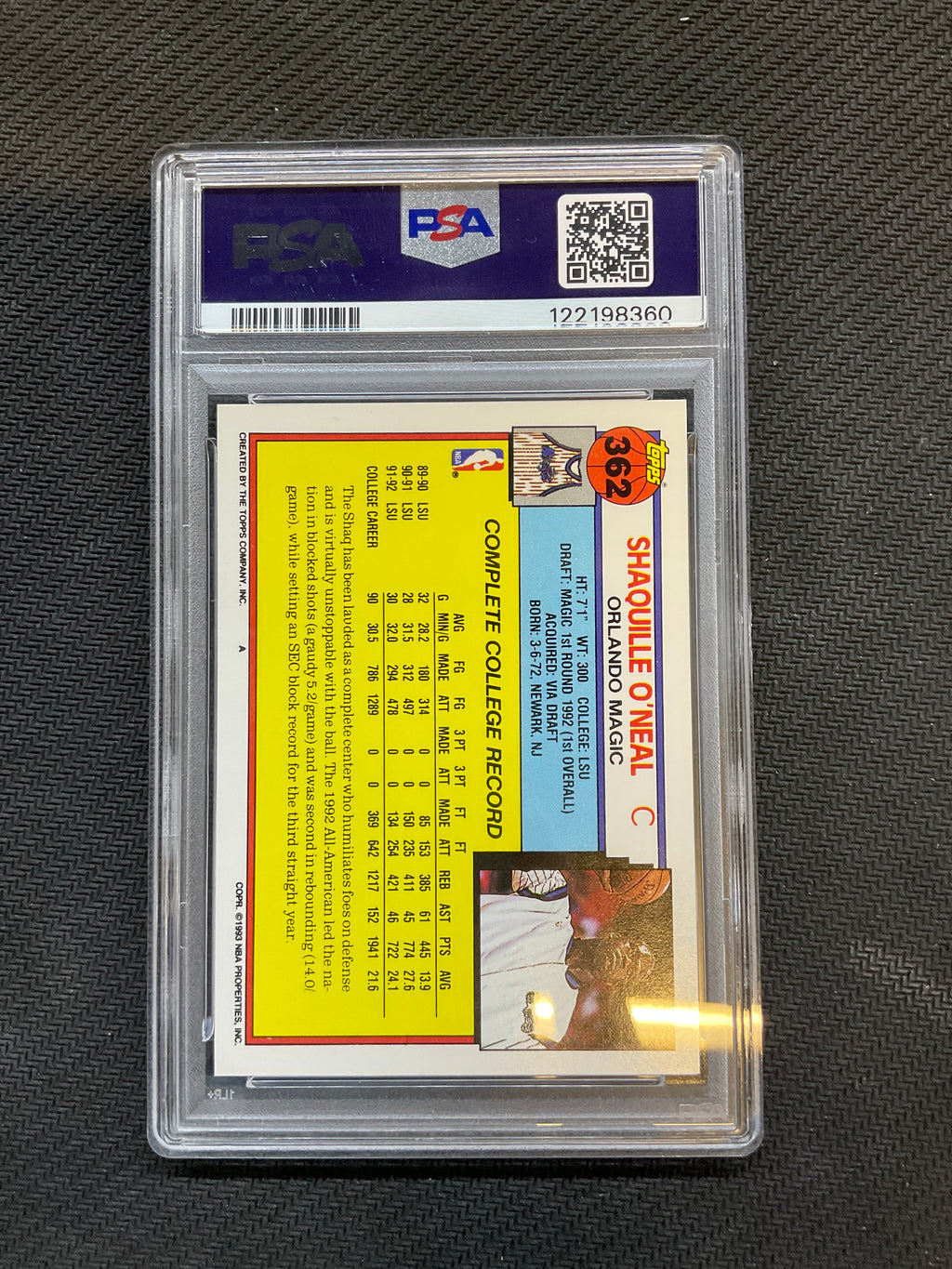 1992 Topps Shaquille O'Neal #362 Rookie PSA 9