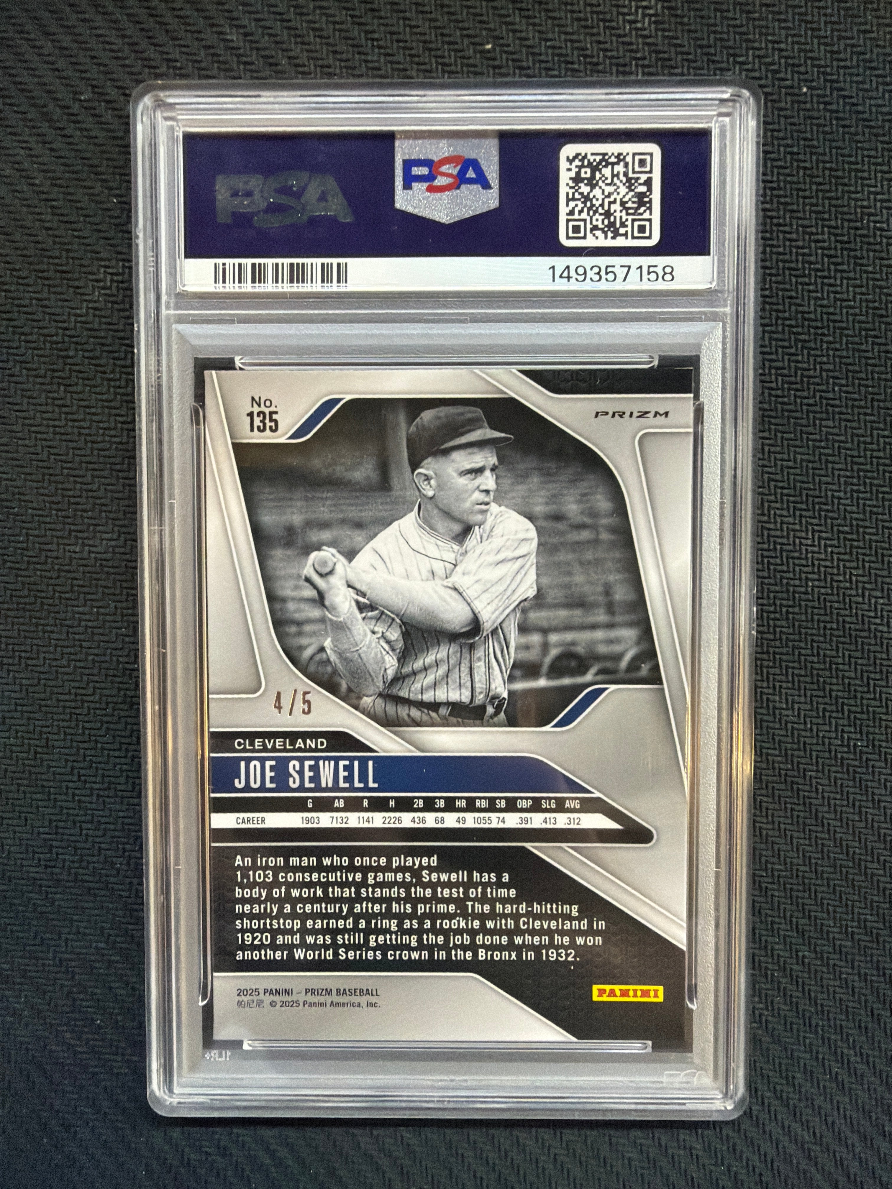 2025 Prizm Joe Sewell Black Gold Prizm /5 PSA 10