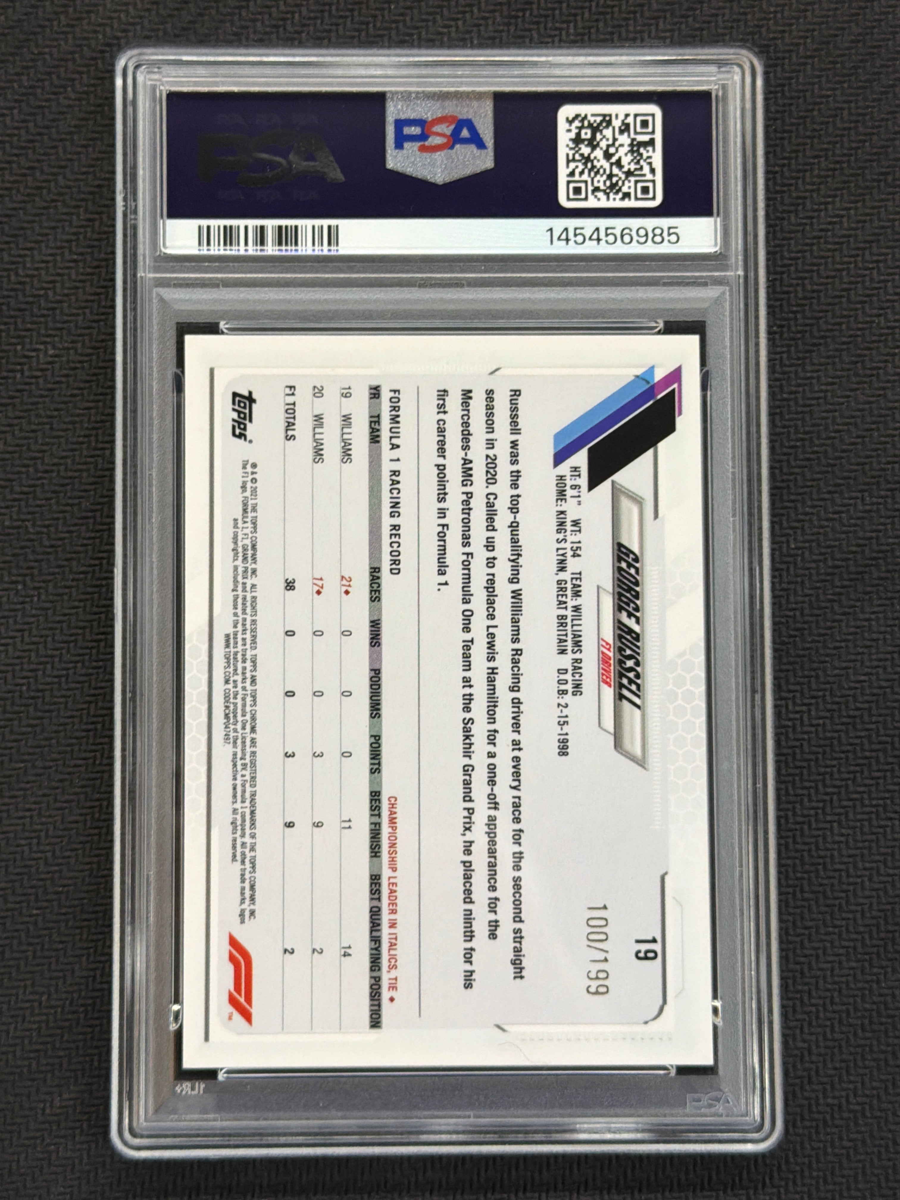 2021 TOPPS CHROME F1 FORMULA 1 19 GEORGE RUSSELL PURPLE CHECKER FLAG REFRACTOR