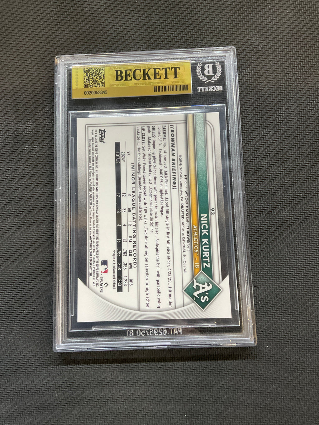 2025 Bowman Chrome Nick Kurtz #93 Rookie BGS 9.5 A's