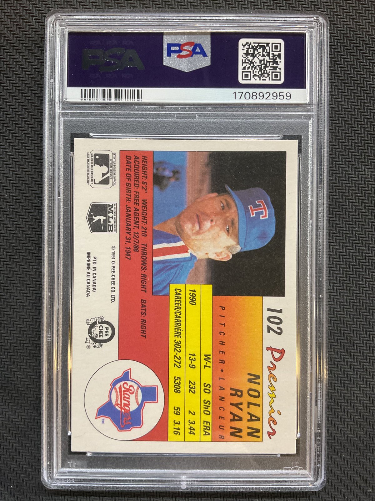 1991 O-PEE-CHEE Prem #102 Nolan Ryan PSA 8