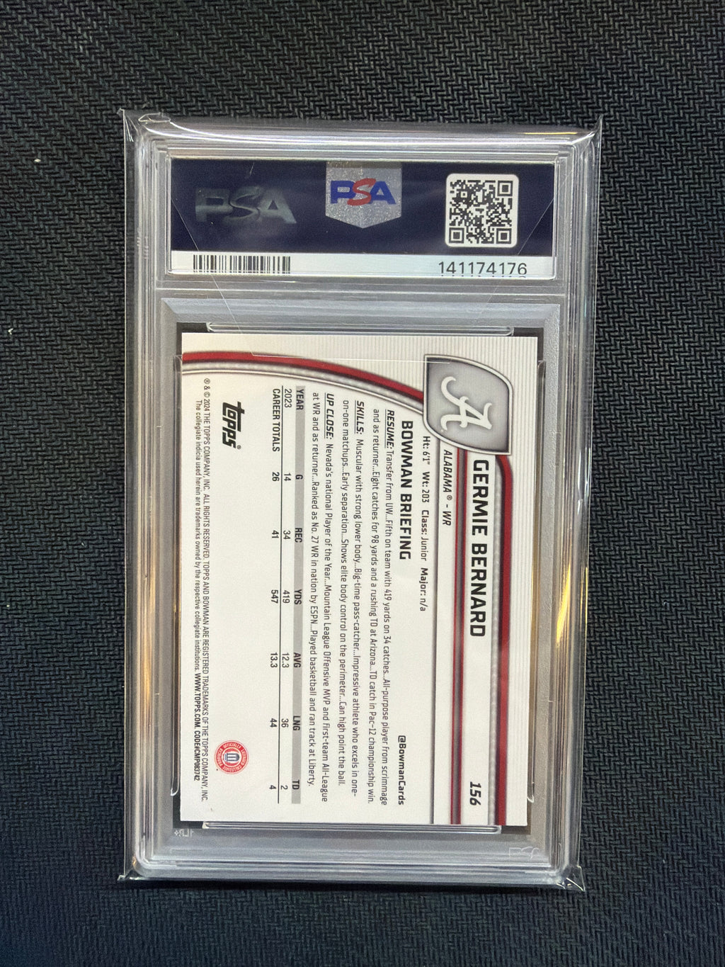 2024 Bowman U Sapphire Germie Bernard Rookie PSA 8 Alabama