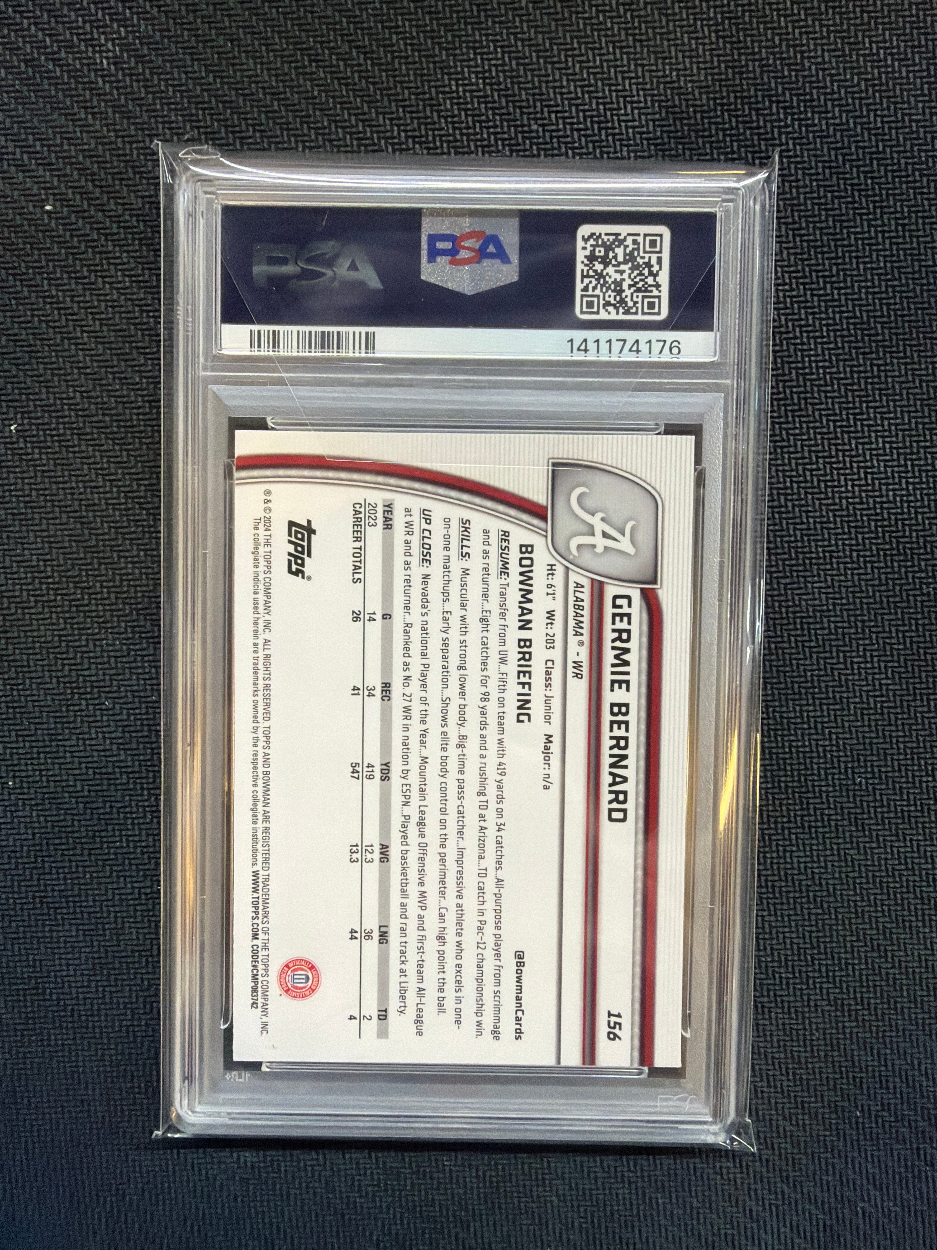 2024 Bowman U Sapphire Germie Bernard Rookie PSA 8 Alabama