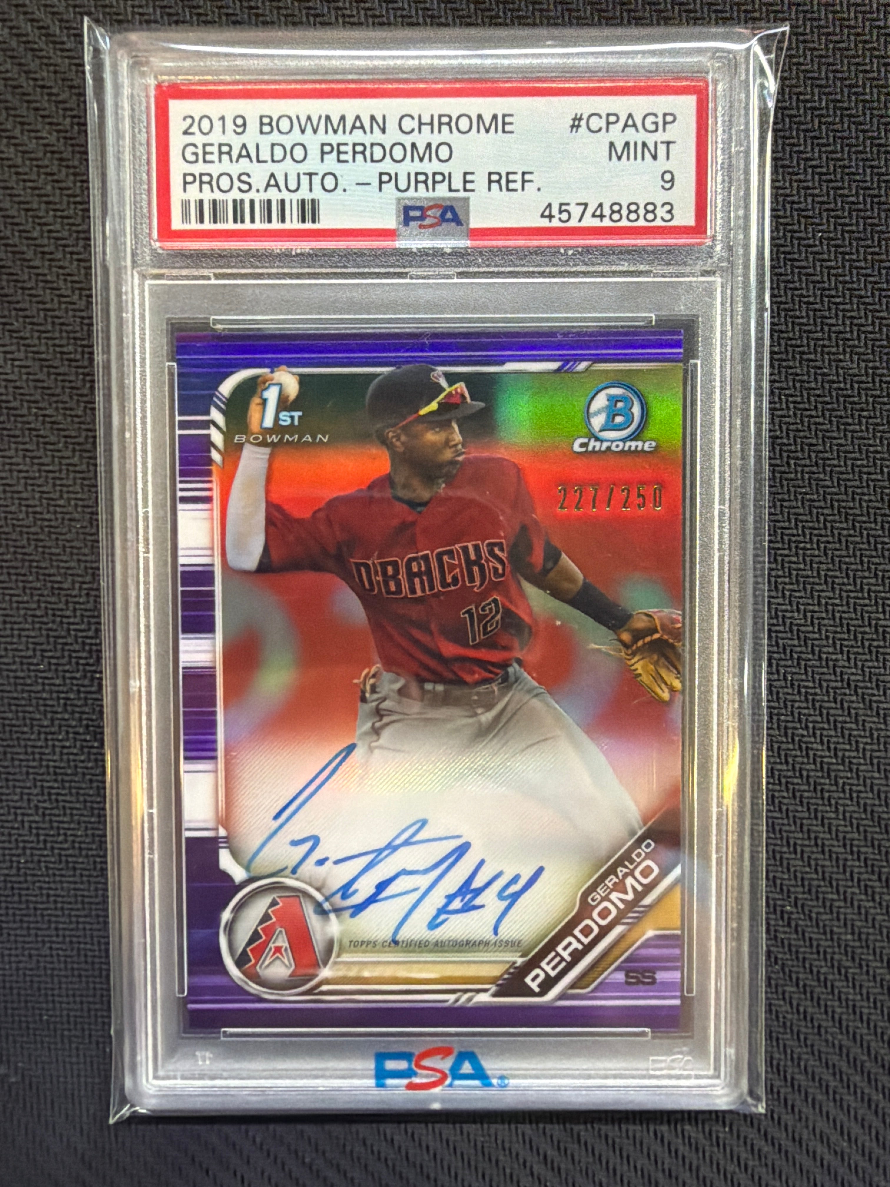 2019 Bowman Chrome Geraldo Perdomo 1st Auto Purple Refractor /250 PSA 9 Diamondbacks