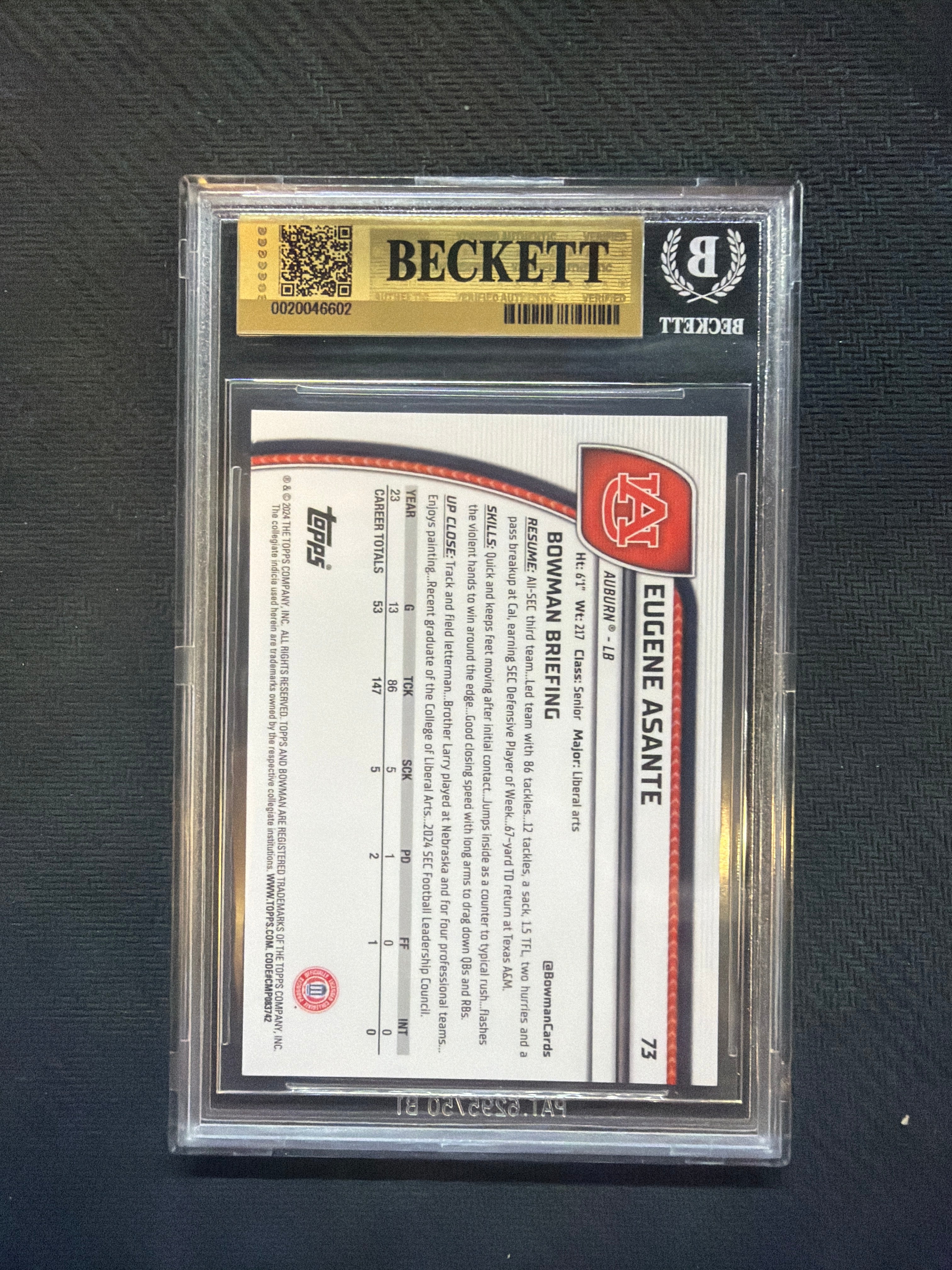 2024 Bowman Chrome U Eugene Asante Blue /199 BGS 9.5 Auburn
