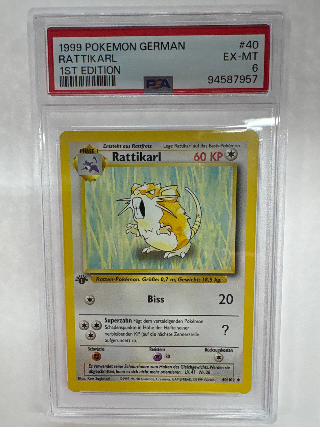 1999 German Pokemon 1st Edition Rattikarl (Raticate) 40 PSA 6