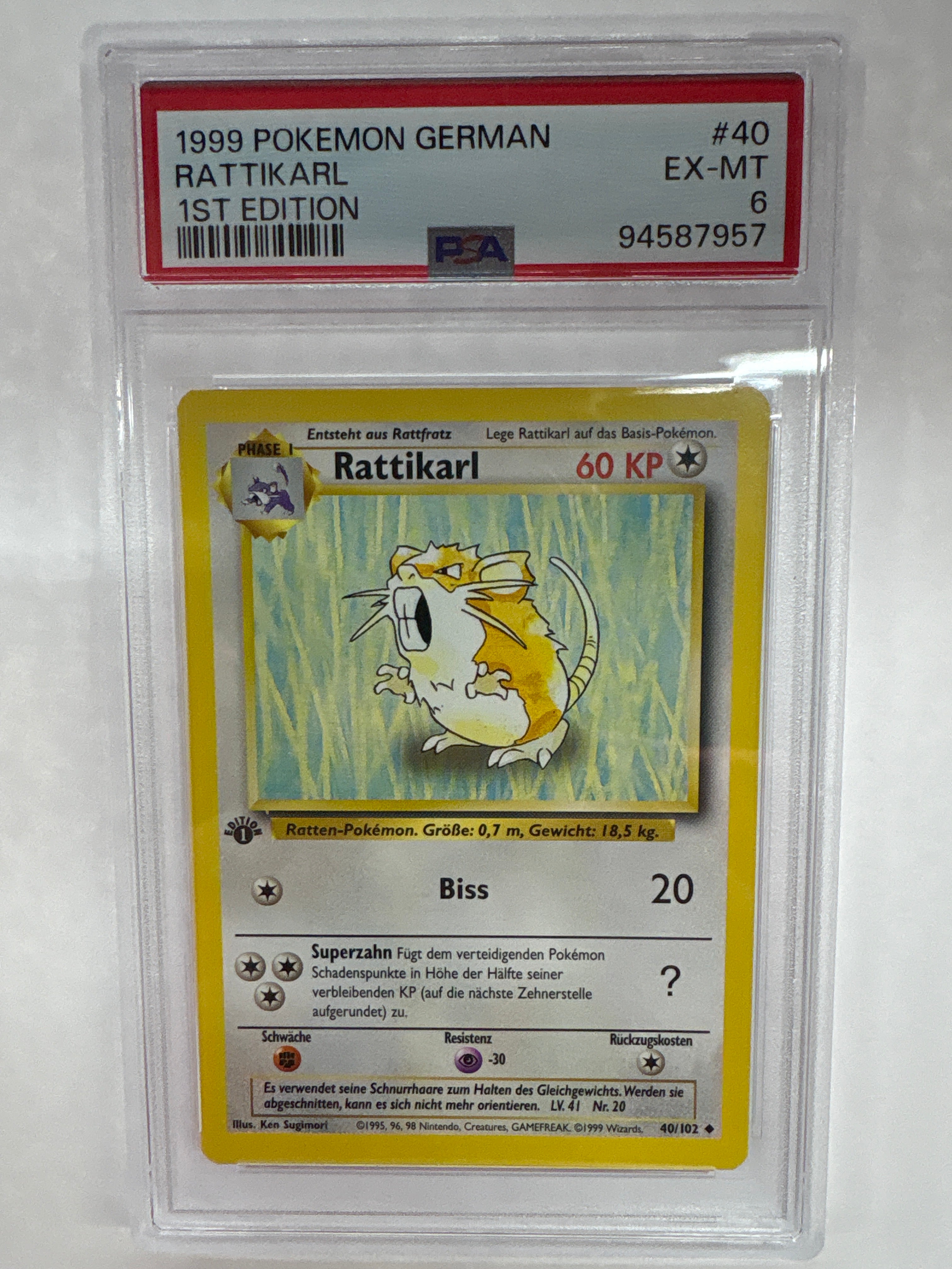 1999 German Pokemon 1st Edition Rattikarl (Raticate) 40 PSA 6