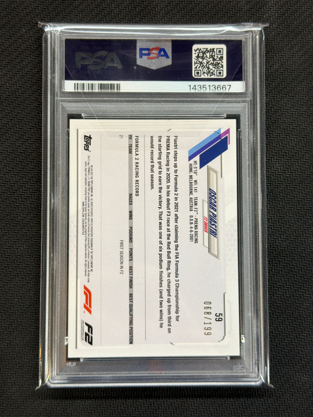 2021 Topps Formula 1 F1 Oscar Piastri Aqua /199 PSA 9 Rookie