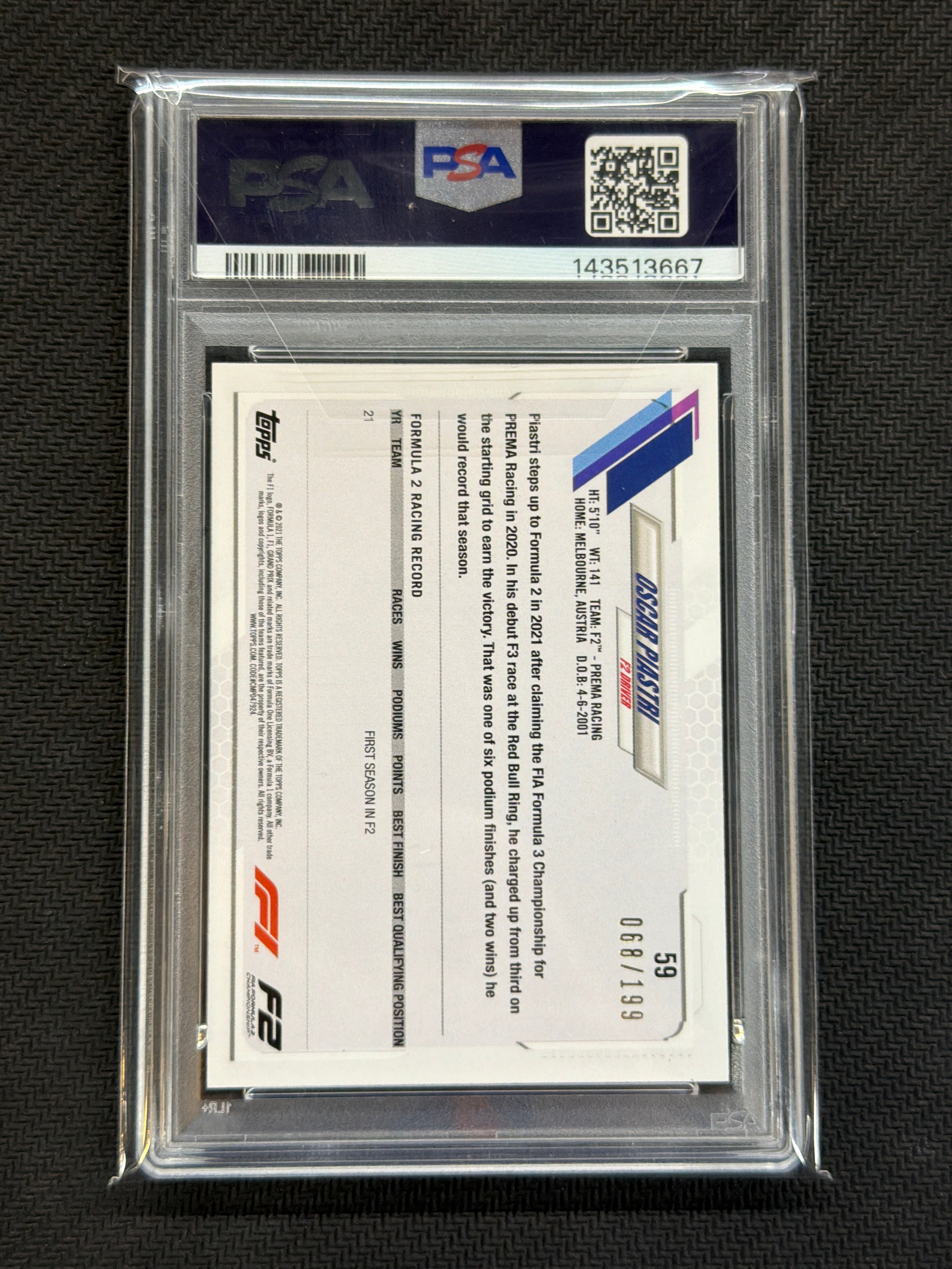 2021 Topps Formula 1 F1 Oscar Piastri Aqua /199 PSA 9 Rookie