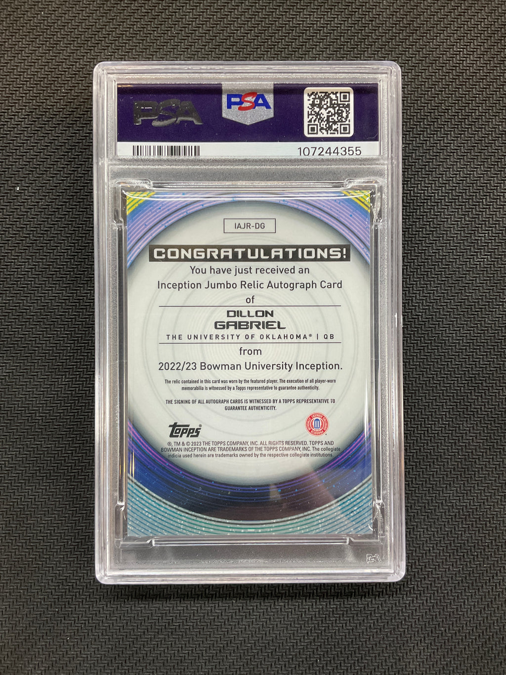 2022 Bowman U Inception Dillon Gabriel Patch Auto /199 PSA 10 Oklahoma 355