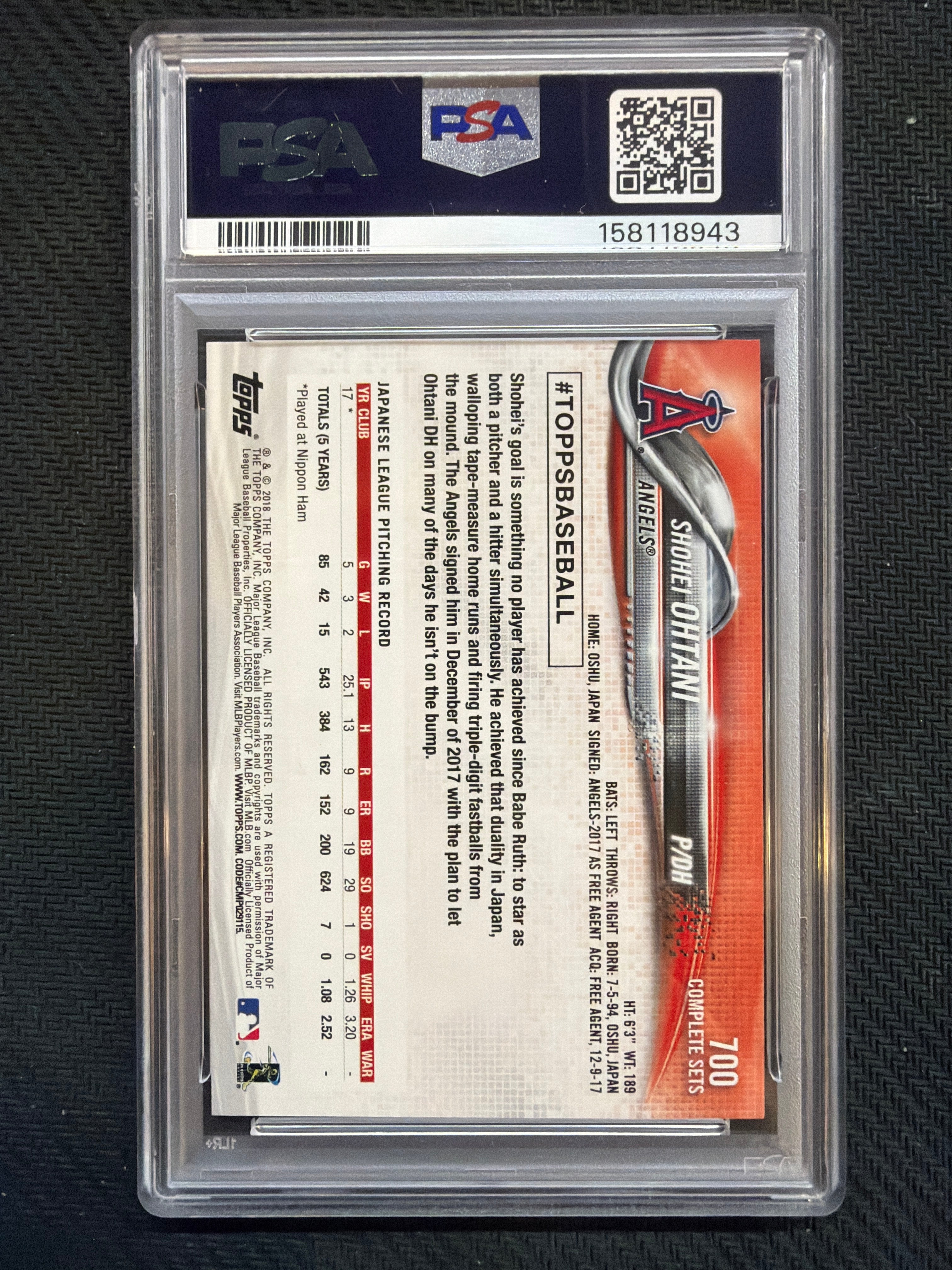 2018 Topps Complete Set Shohei Ohtani Retail #700 Rookie PSA 9 943