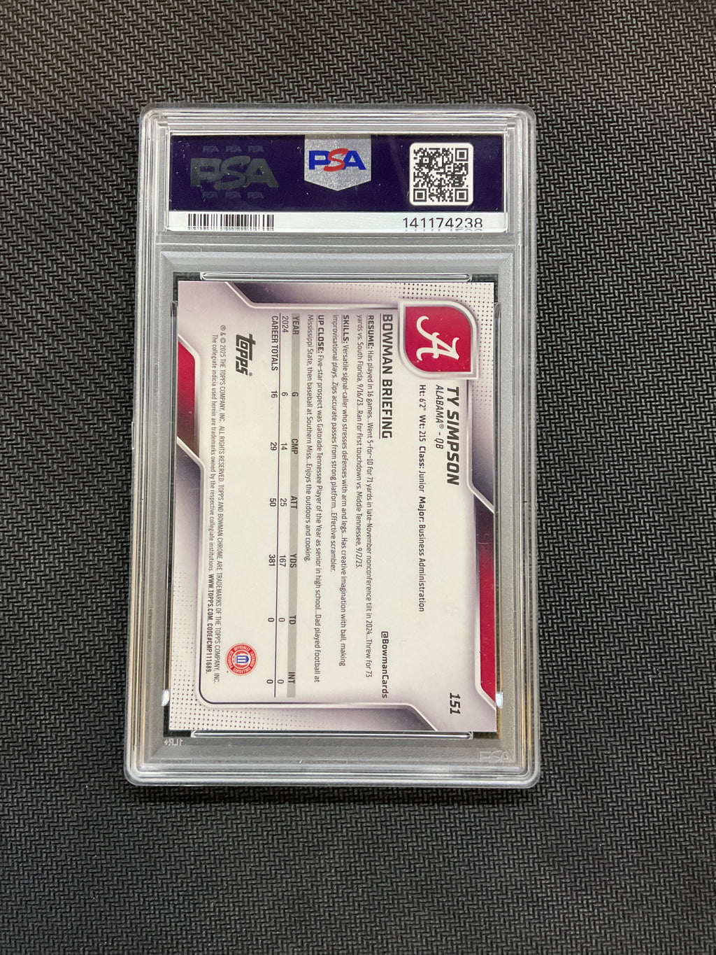 2025 Bowman U Ty Simpson Green Shimmer /99 PSA 9 Alabama