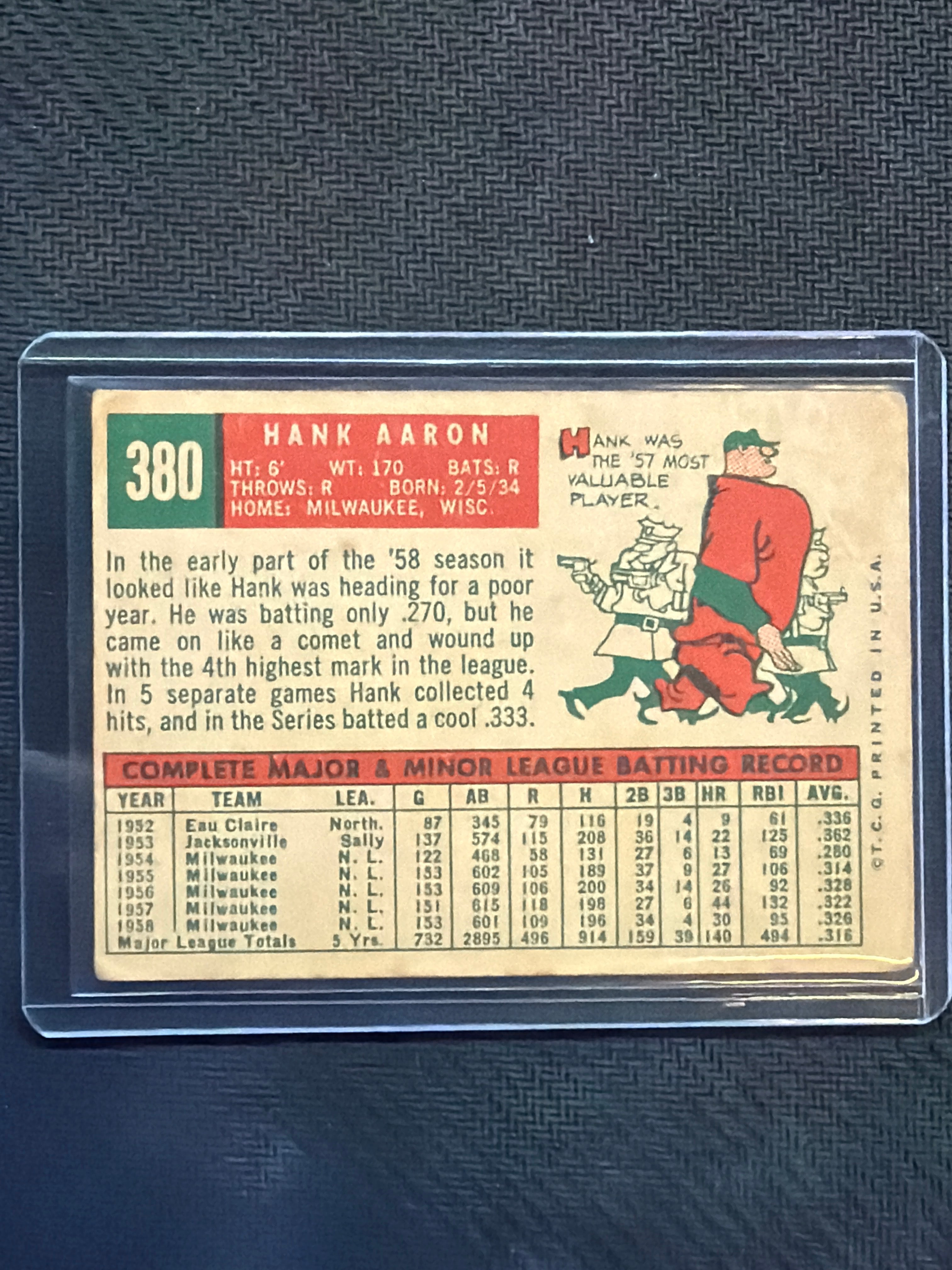 1959 Topps Hank Aaron #380 Braves Crease