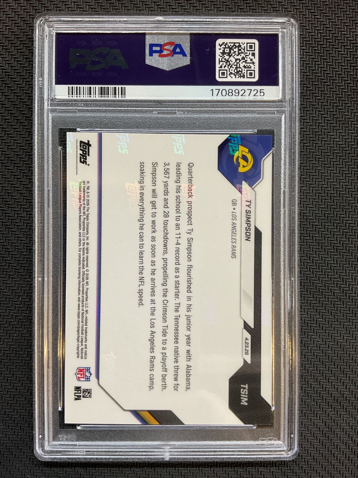 2026 Topps Now #TSIM Ty Simpson PSA 10 725