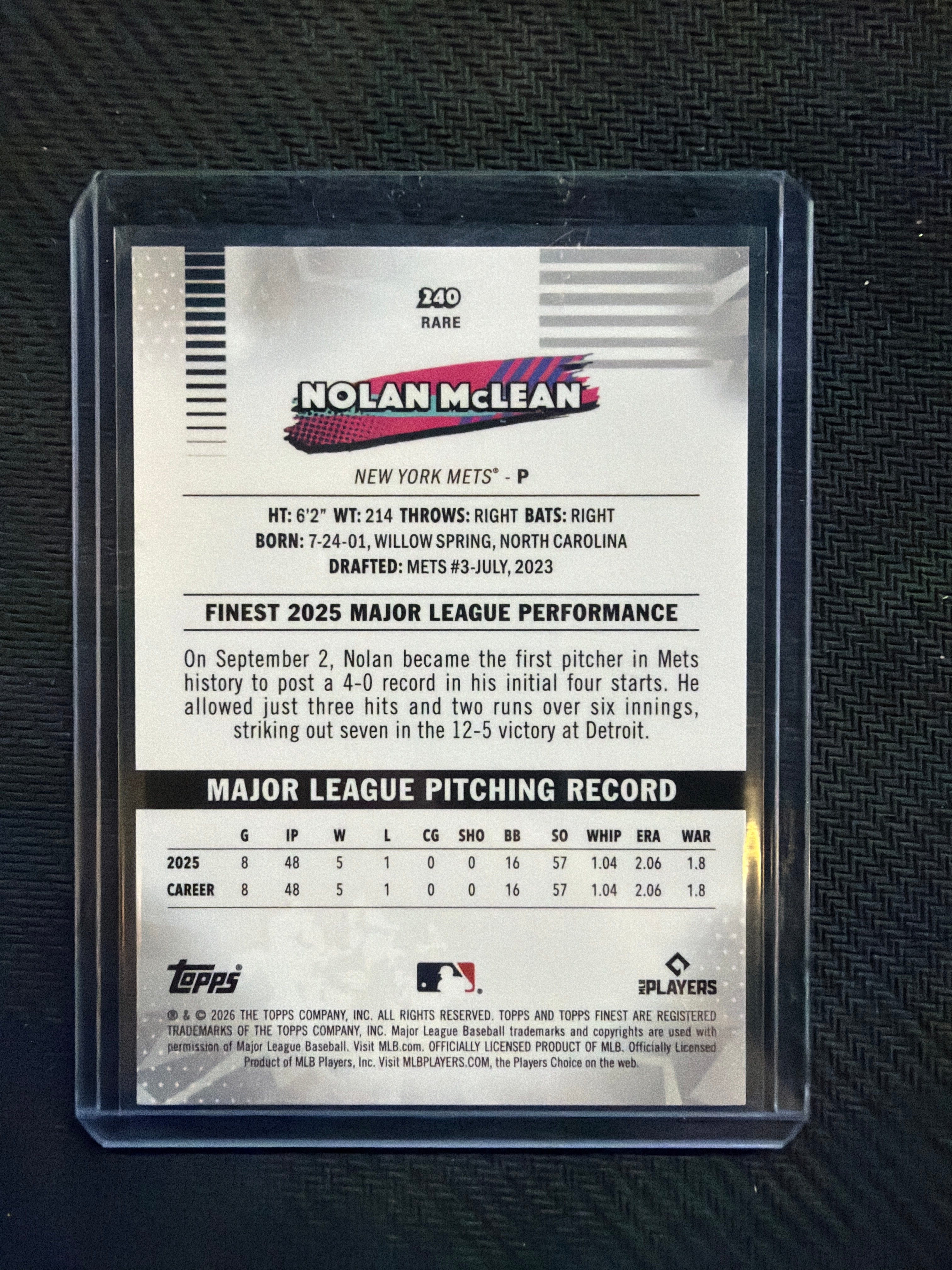 2026 Topps Finest Nolan Mclean Rookie Rare Purple /75 Mets