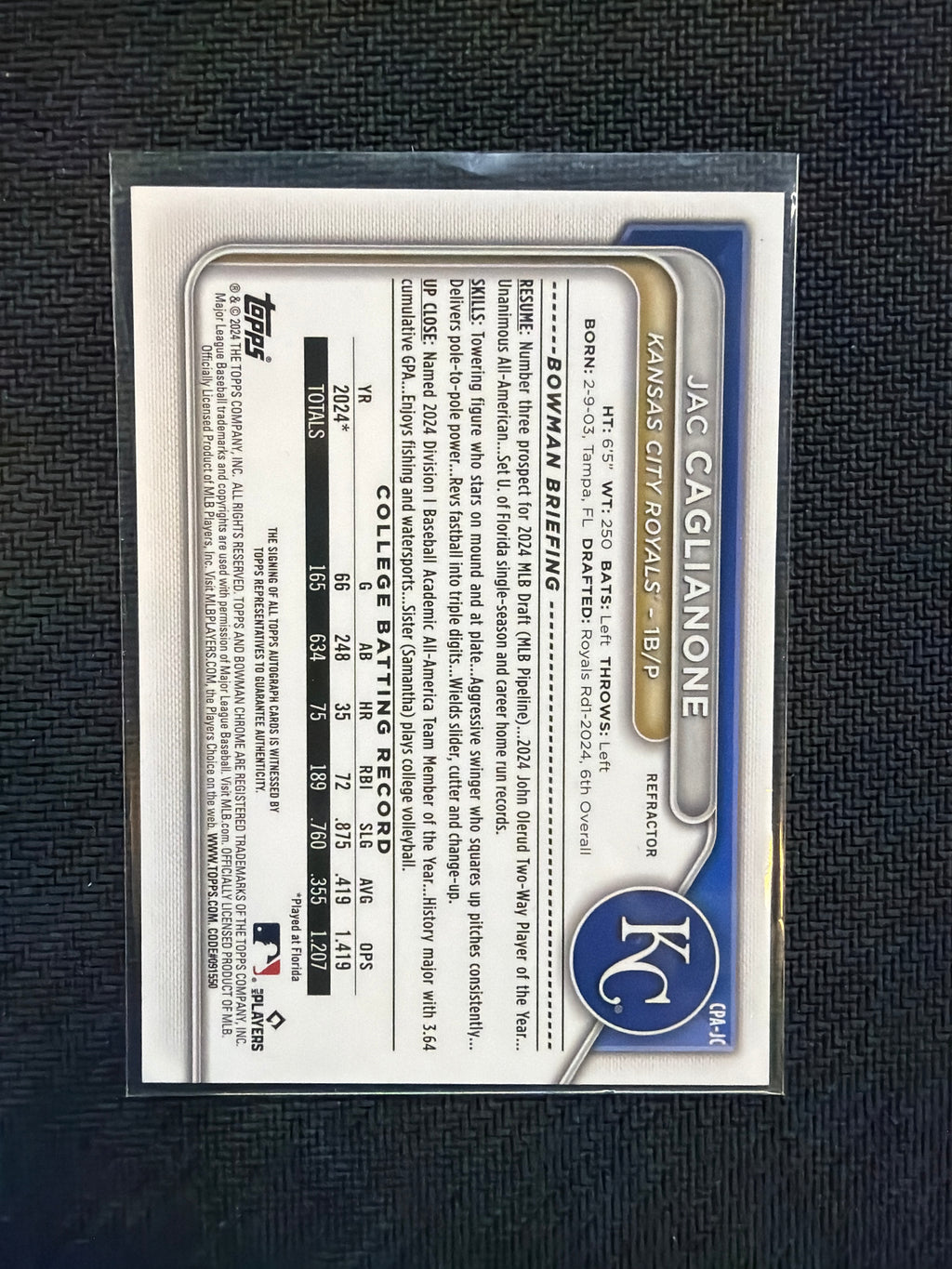 2024 Bowman Chrome Jac Caglianone Refractor 1st Auto /499