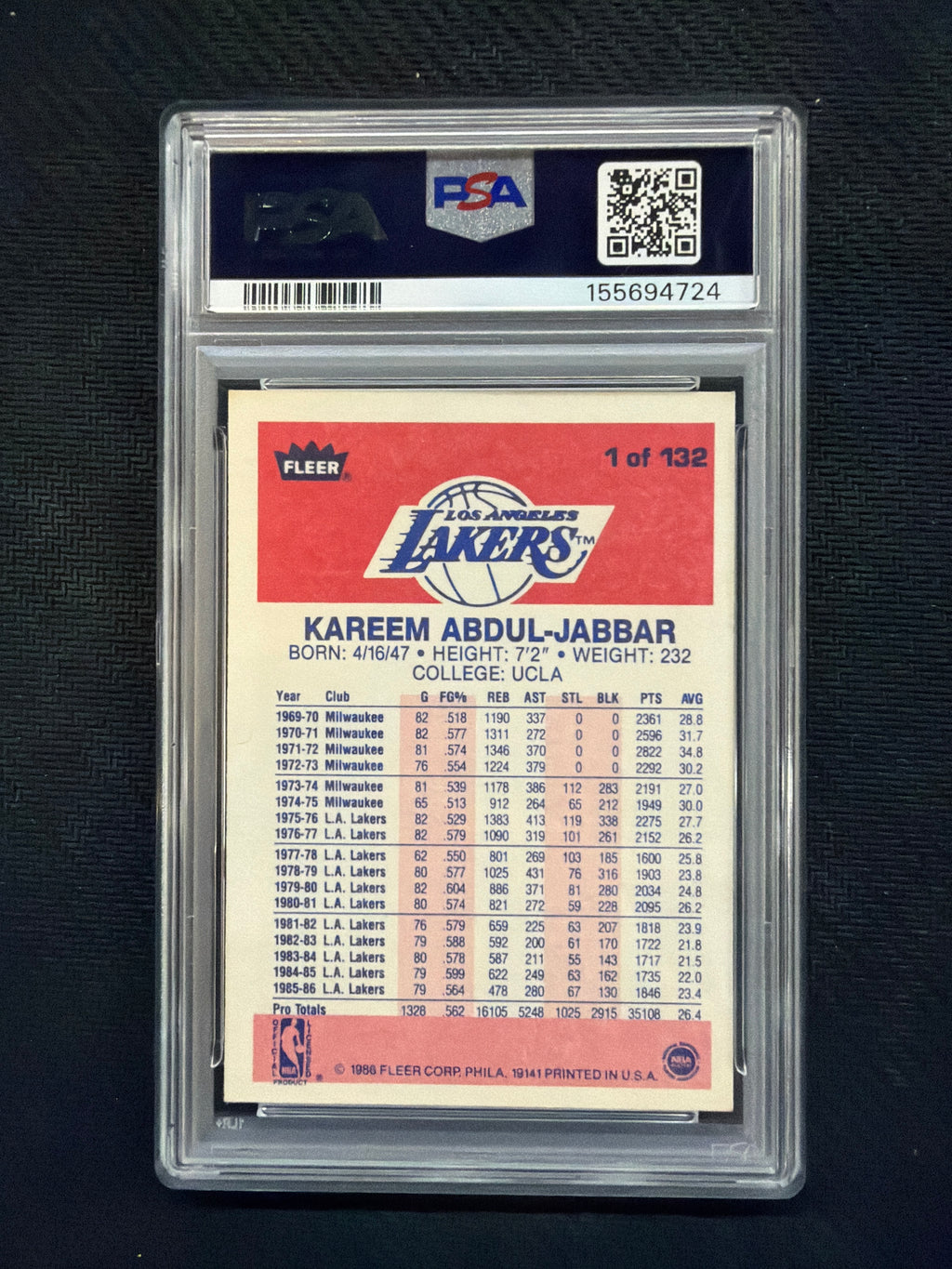 1986 Fleer Kareem Abdul-Jabbar #1 PSA 5 Lakers 724