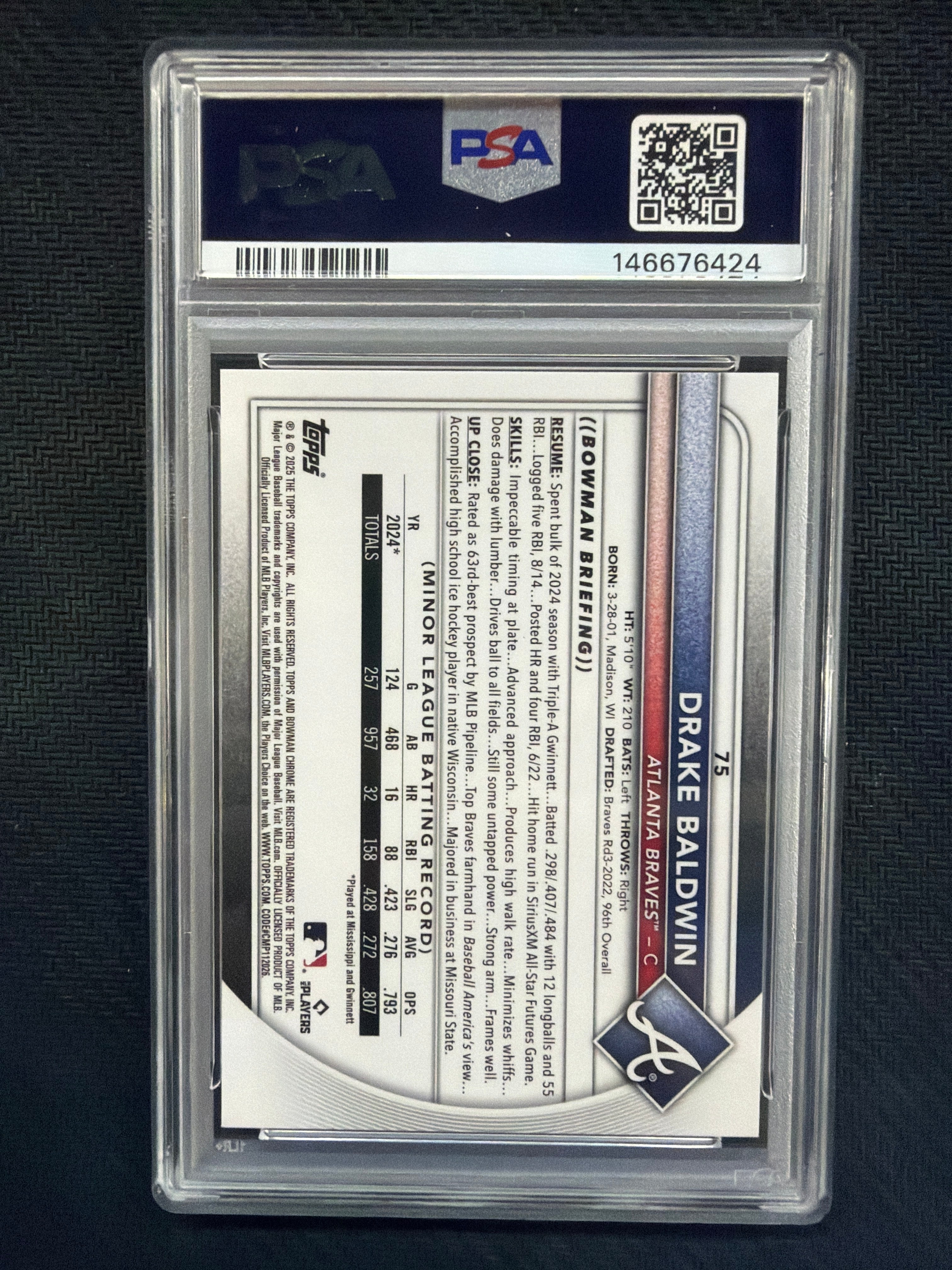 2025 Bowman Chrome Drake Baldwin Rookie #75 PSA 10 Braves 424