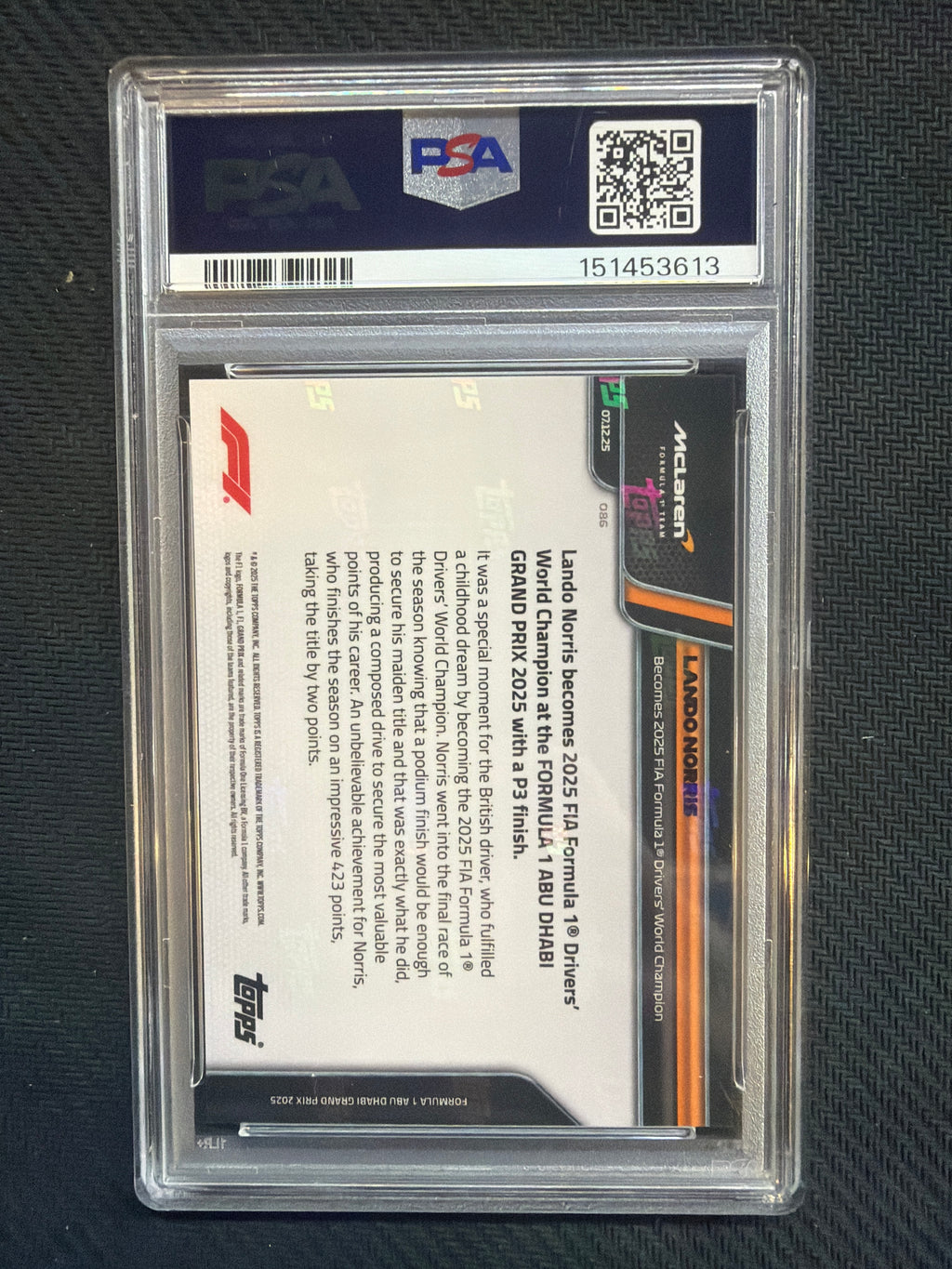 2025 Topps Now Formula 1 F1 Lando Norris #86 PSA 10 Mclaren 613