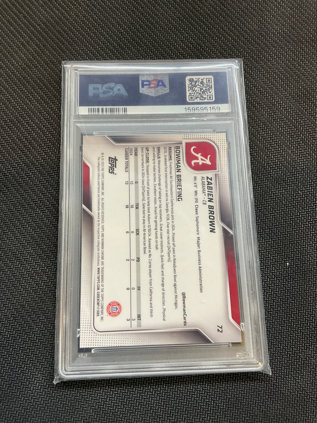 2025 Bowman U Chrome Zabien Brown Gold Shimmer /50 PSA 10 Alabama