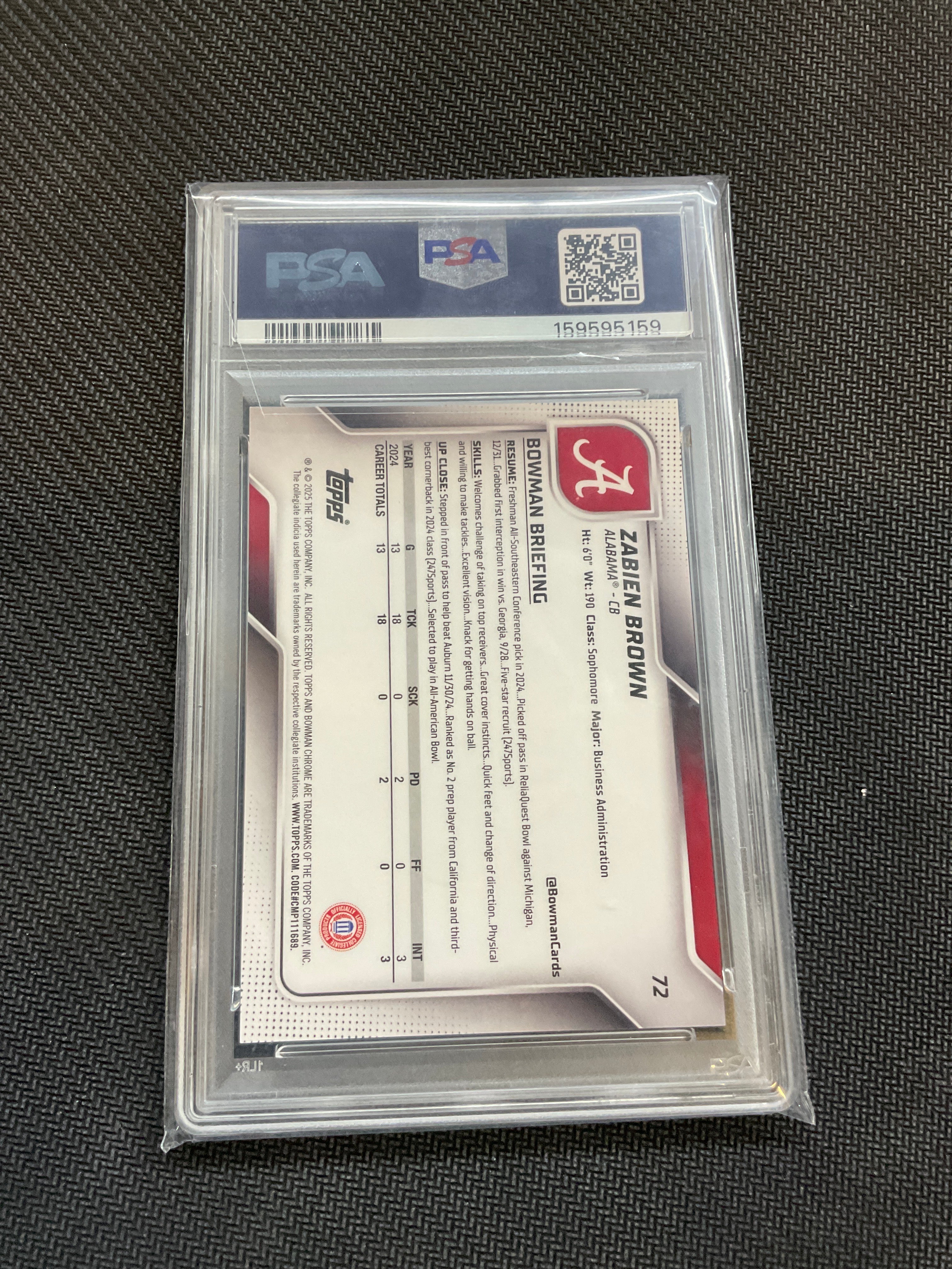 2025 Bowman U Chrome Zabien Brown Gold Shimmer /50 PSA 10 Alabama
