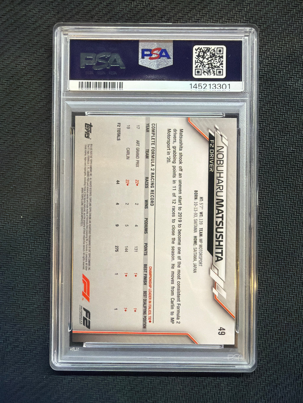 2020 Topps Chrome F1 Sapphire Nobuharu Matsushita #49 PSA 9 301