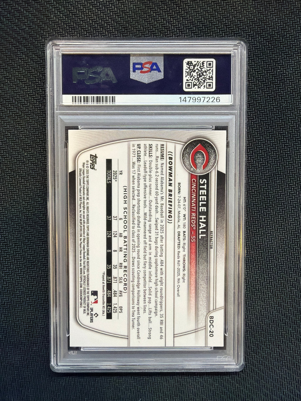2025 Bowman Draft Chrome Steele Hall Rookie Refractor PSA 9 Reds