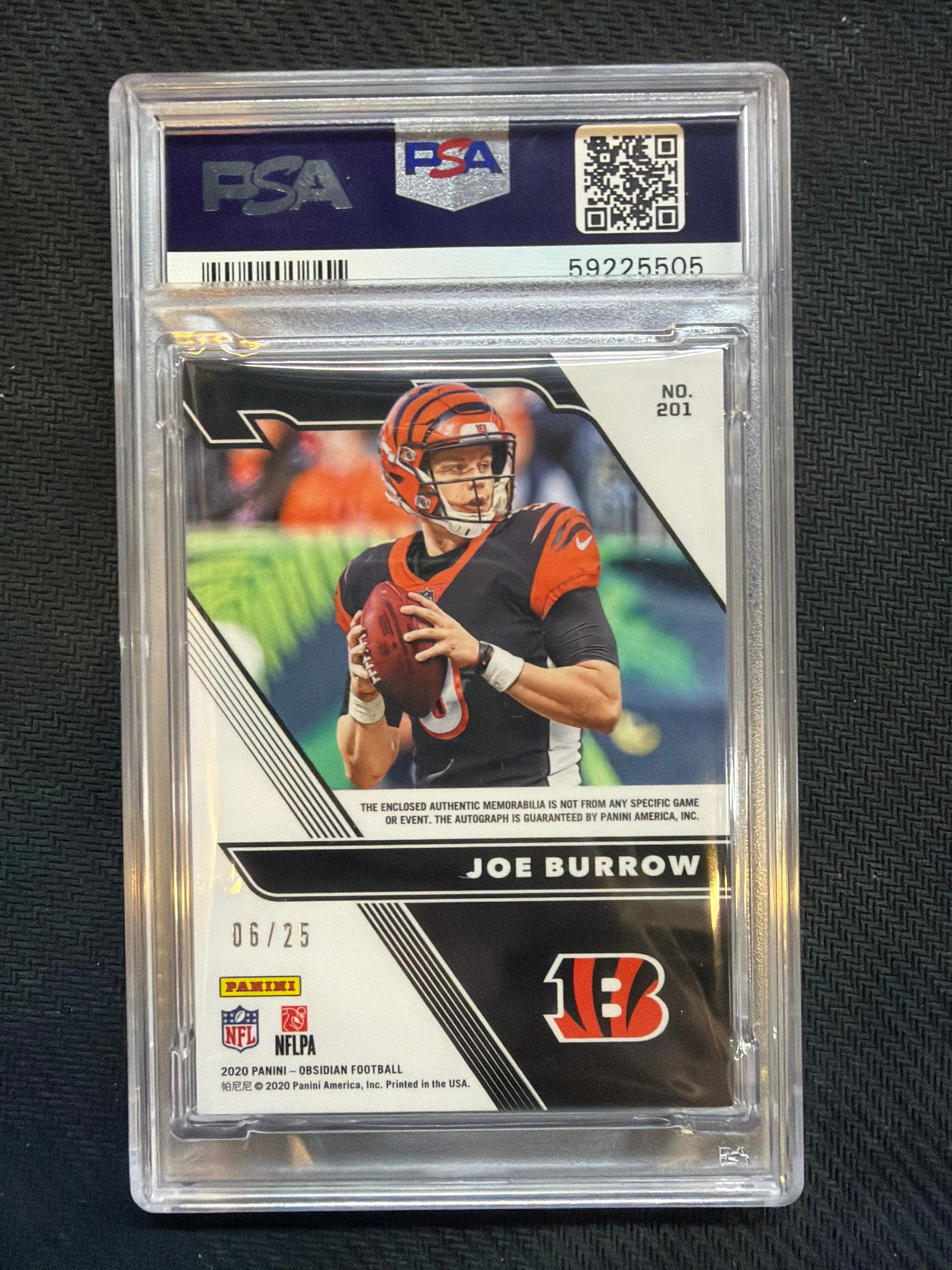 2020 Obsidian Joe Burrow Patch Auto /25 Yellow PSA 9 505