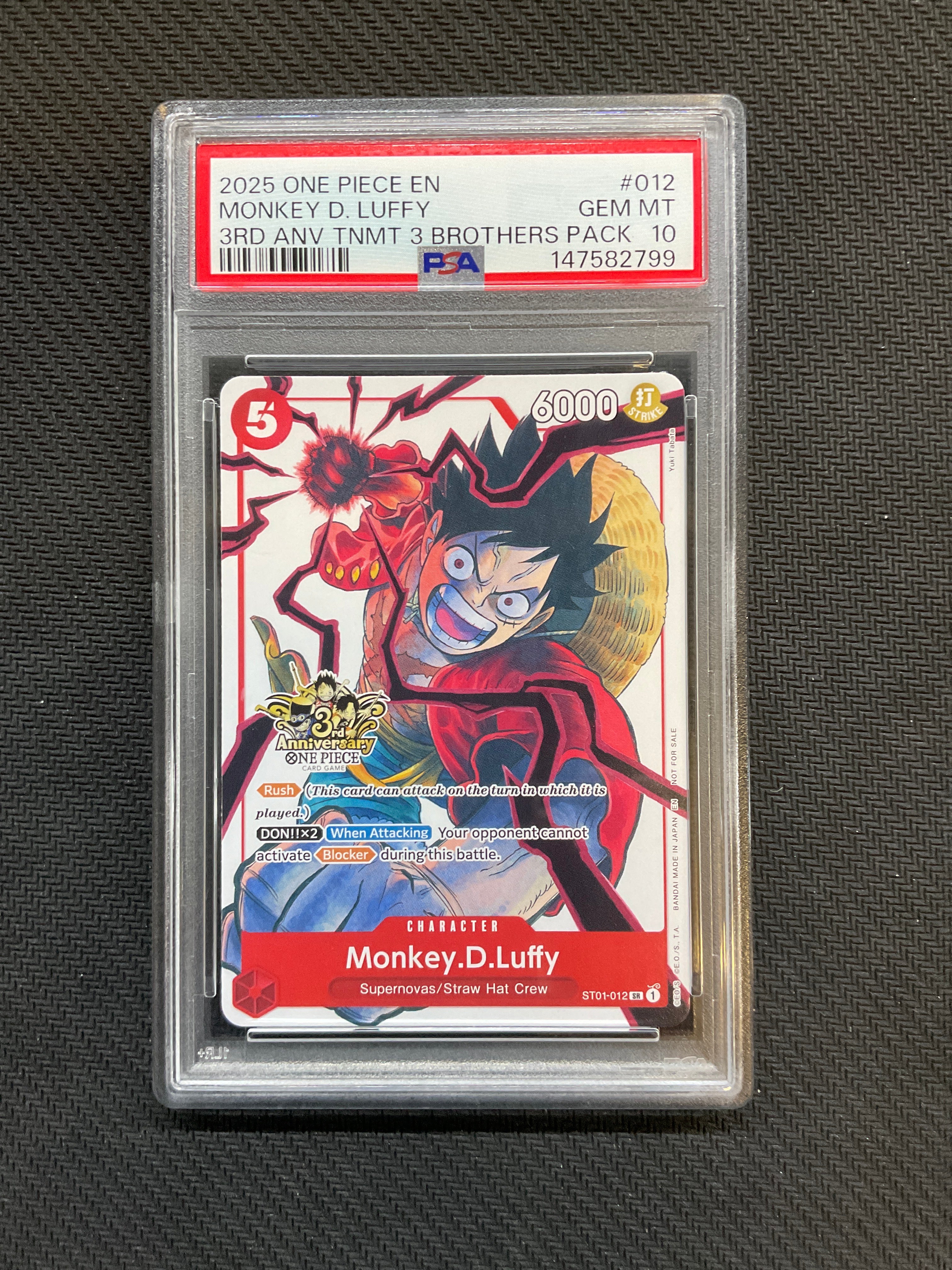 2025 ONE PIECE 3RD ANNIVERSARY TOURNAMENT 3 BROTHERS PACK #012 MONKEY D. LUFFY PSA 10 799