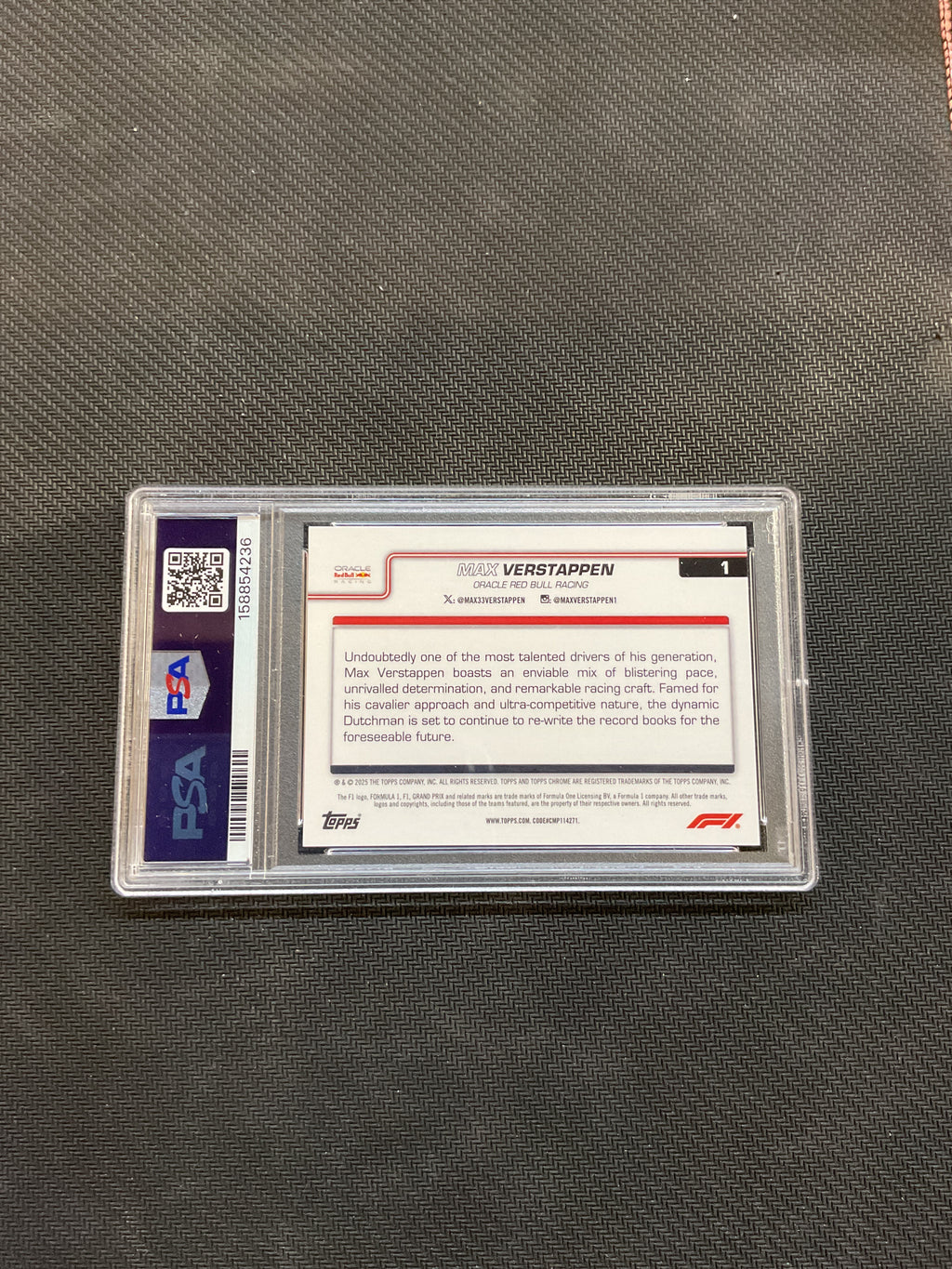 2025 Topps Chrome F1 Max Verstappen True Red Refractor /5 PSA 8