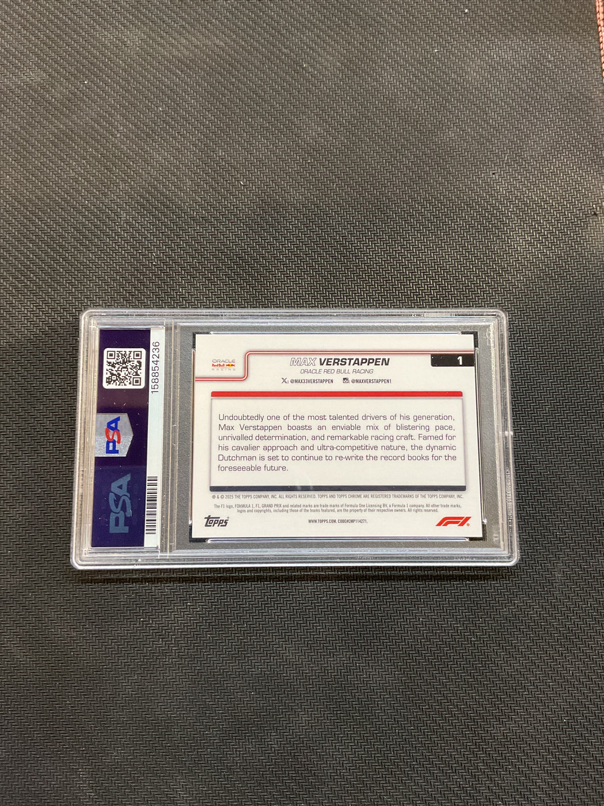 2025 Topps Chrome F1 Max Verstappen True Red Refractor /5 PSA 8