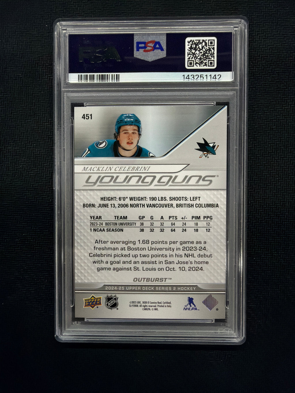 2024 Upper Deck Macklin Celebrini Outburst Young Guns PSA 10