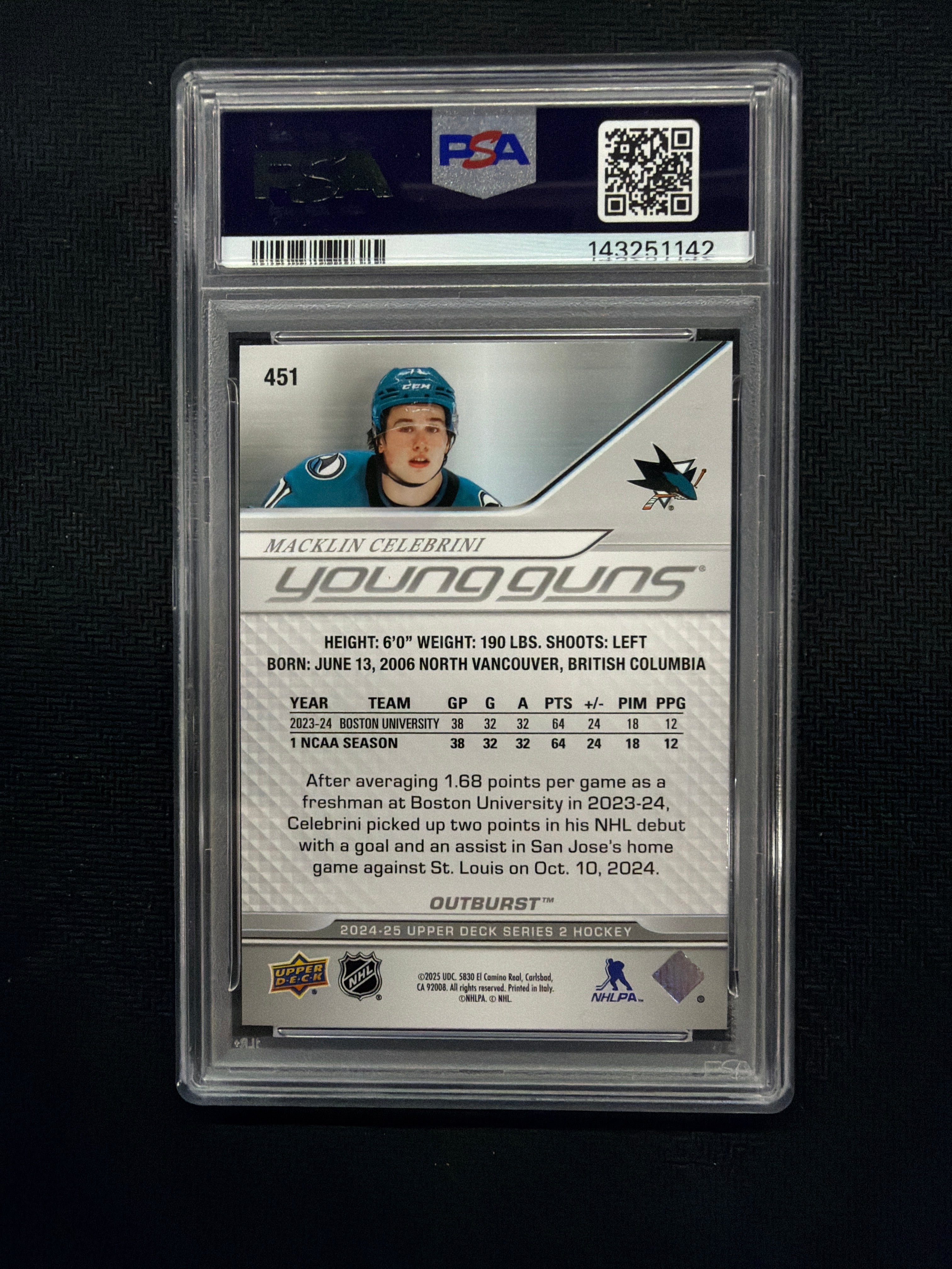2024 Upper Deck Macklin Celebrini Outburst Young Guns PSA 10