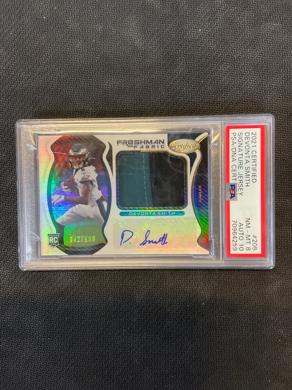 2021 Certified DeVonta Smith Rookie Patch Auto /199 PSA 8 Auto 10