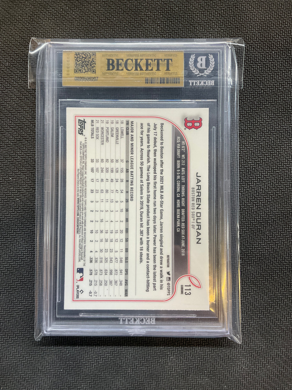 2022 Topps Chrome #113 Jarren Duran Refractor Rookie BGS 9.5 Red Sox