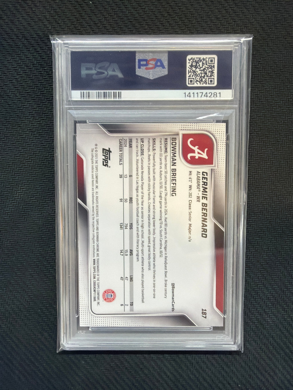 2025 Bowman U Chrome Germie Bernard Fuchsia Mini /225 PSA 10 Alabama 281