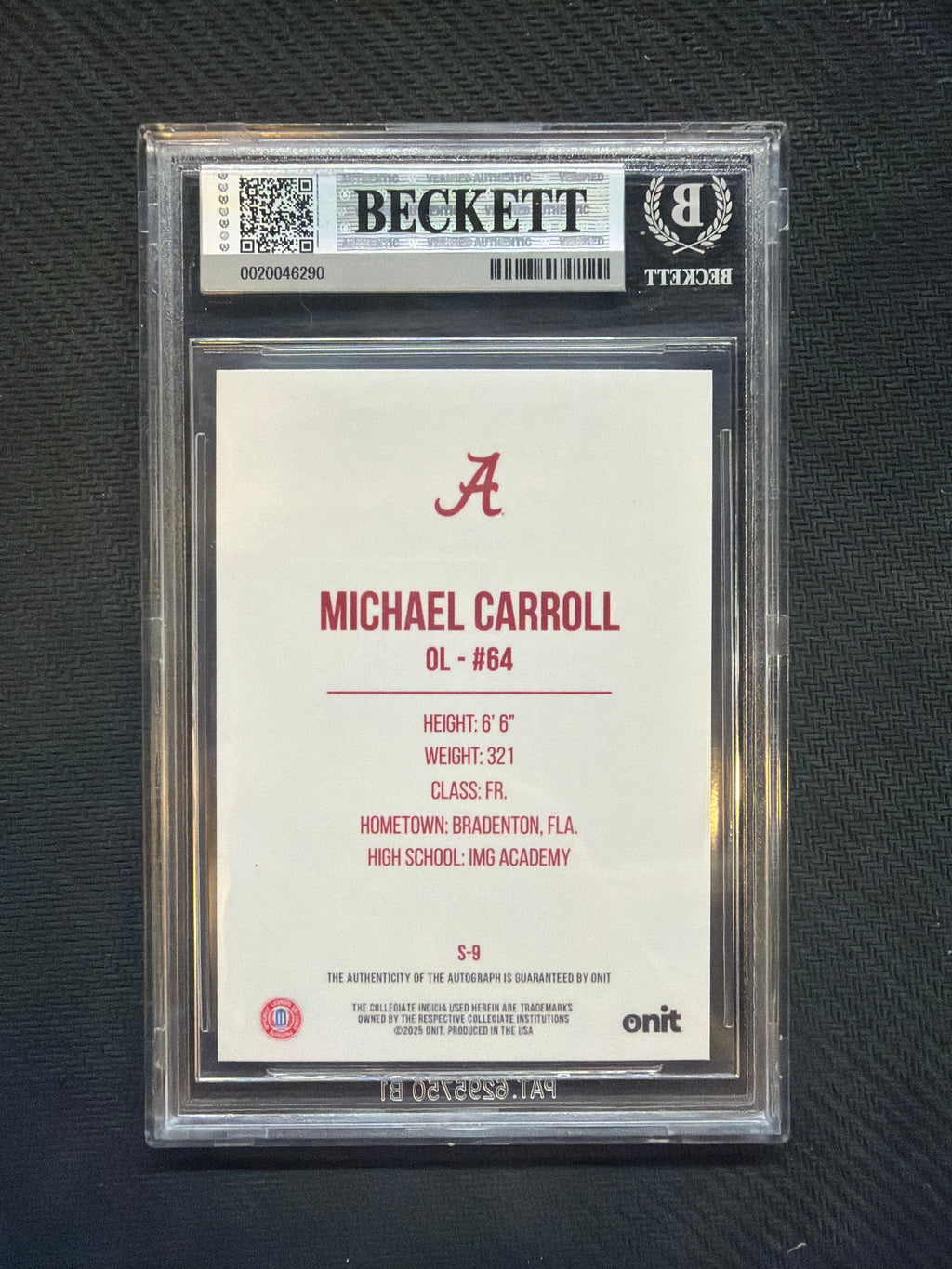 2025 Onit Alabama Michael Carroll Auto /10 BGS 8 Alabama