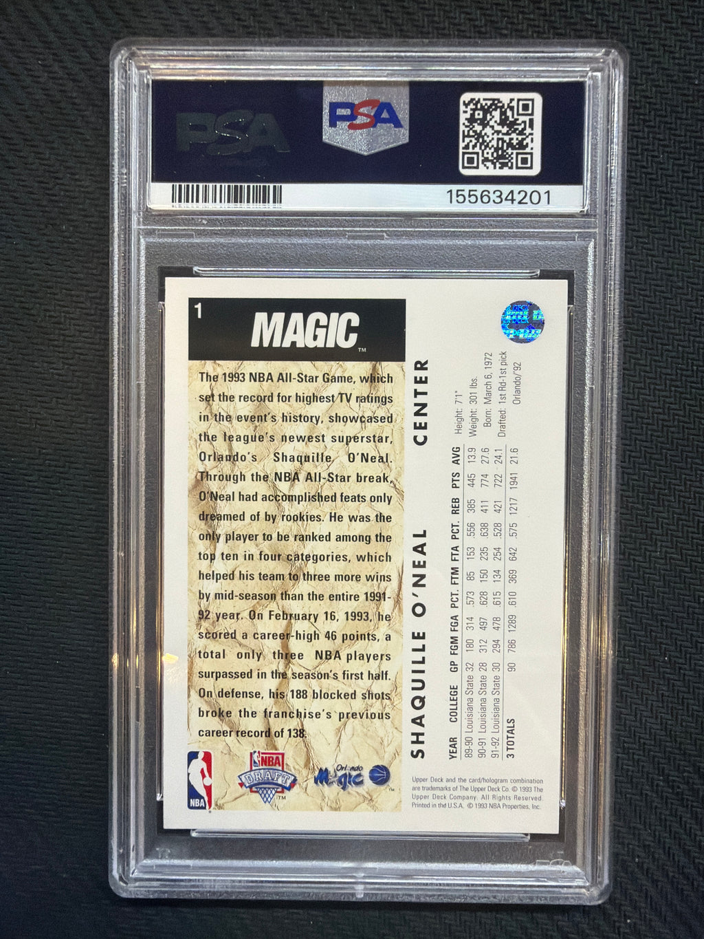 1992 Upper Deck Shaquille O'Neal Rookie PSA 8 Magic