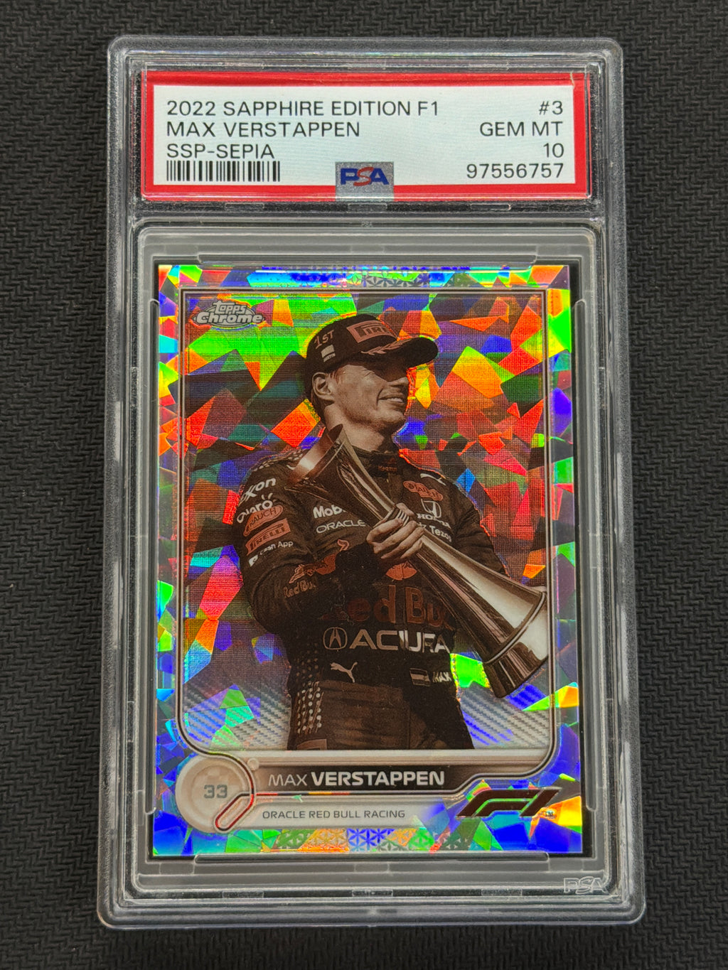 2022 Topps Chrome F1 Sapphire Max Verstappen SSP Sepia /100 PSA 10 757